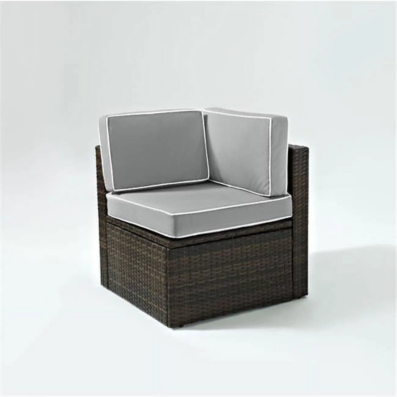 25.5 x 27 x 27 in. Palm Harbor Outdoor Wicker Corner Chair with Grey Cushions - Brown
