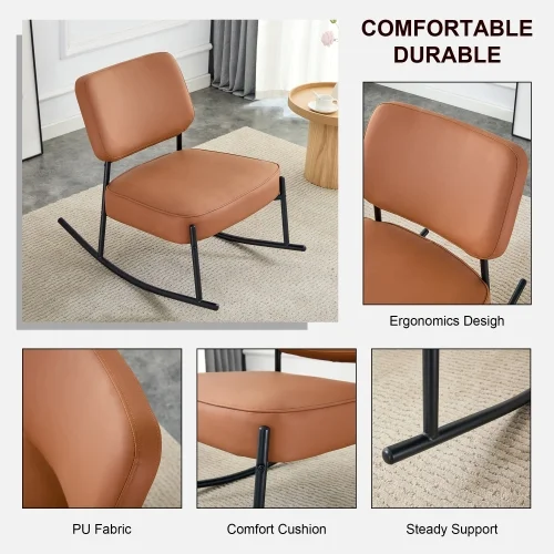 PU material cushioned rocking chair, unique rocking chair, cushioned seat, brown backrest rocking chair, black metal legs