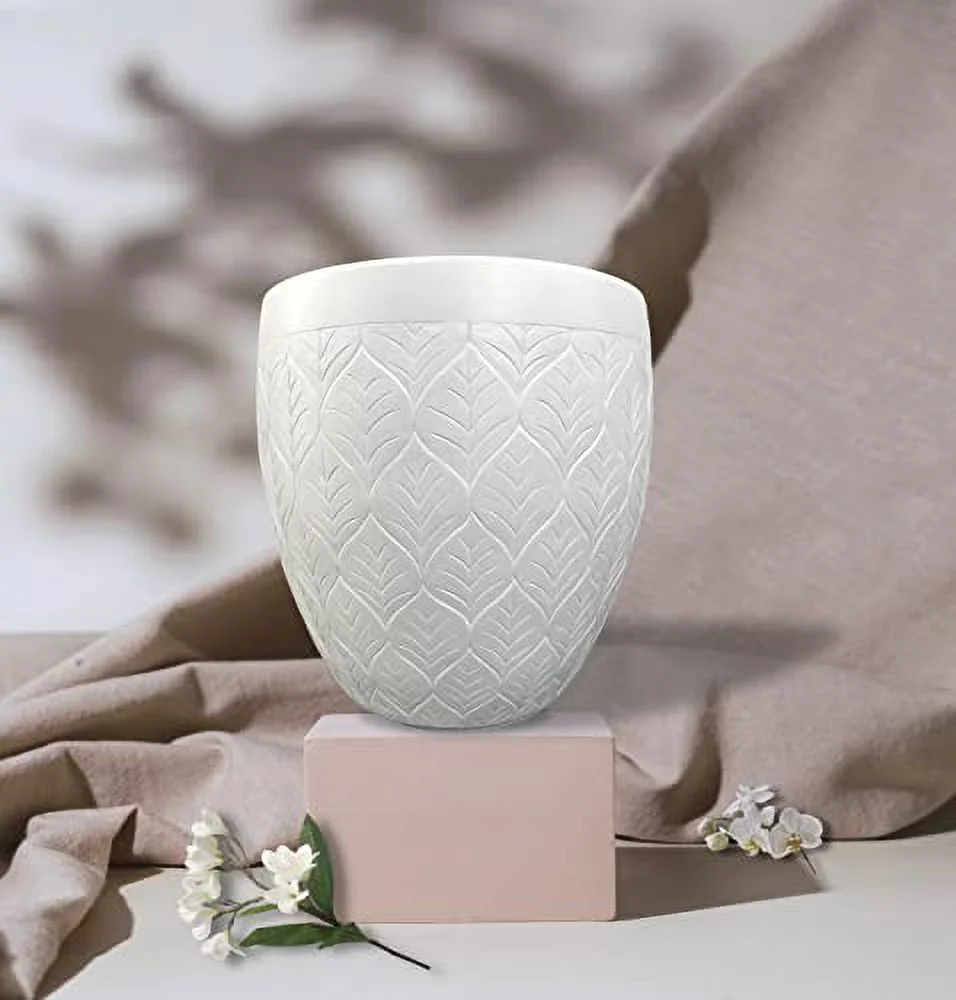 Cypress & Alabaster Eco-Friendly White Nature Leaf Round Designer Fiberglass Indoor/Outdoor Planter Pot - Large, Plants, Weather Resistant, Real/Fake Plants, Flower Pot, Artificial Trees, Home Décor