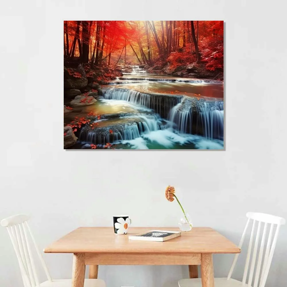 Gotuvs  BK03950 Wall Art Decor Canvas Print Picture Red Forest Waterfalls Modern Landscape Tree for Living Room Bedroom Kitchen Office Home Decorations Stretched and Framed Ready to Hang