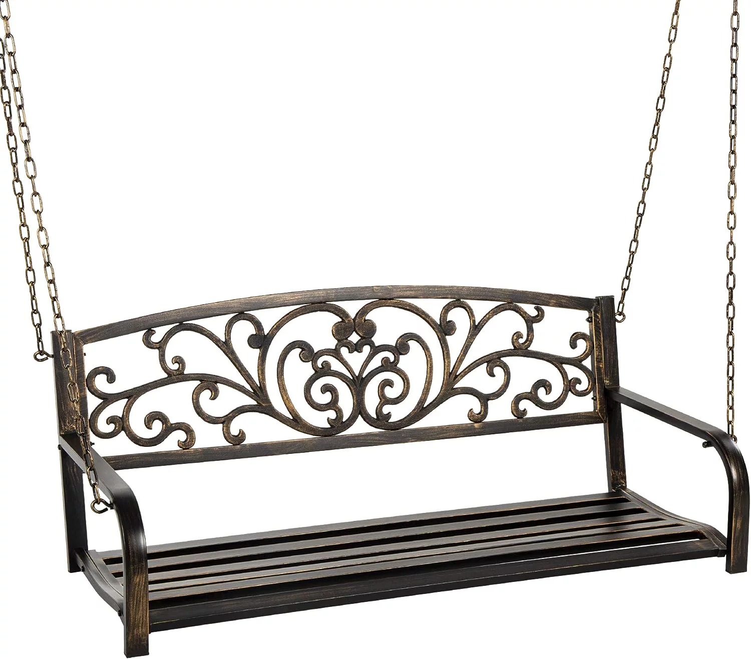 2-Person Metal Outdoor Porch Swing, Hanging Steel Patio Bench For Garden Deck W/Floral Accent, 485Lb Weight Capacity - Bronze