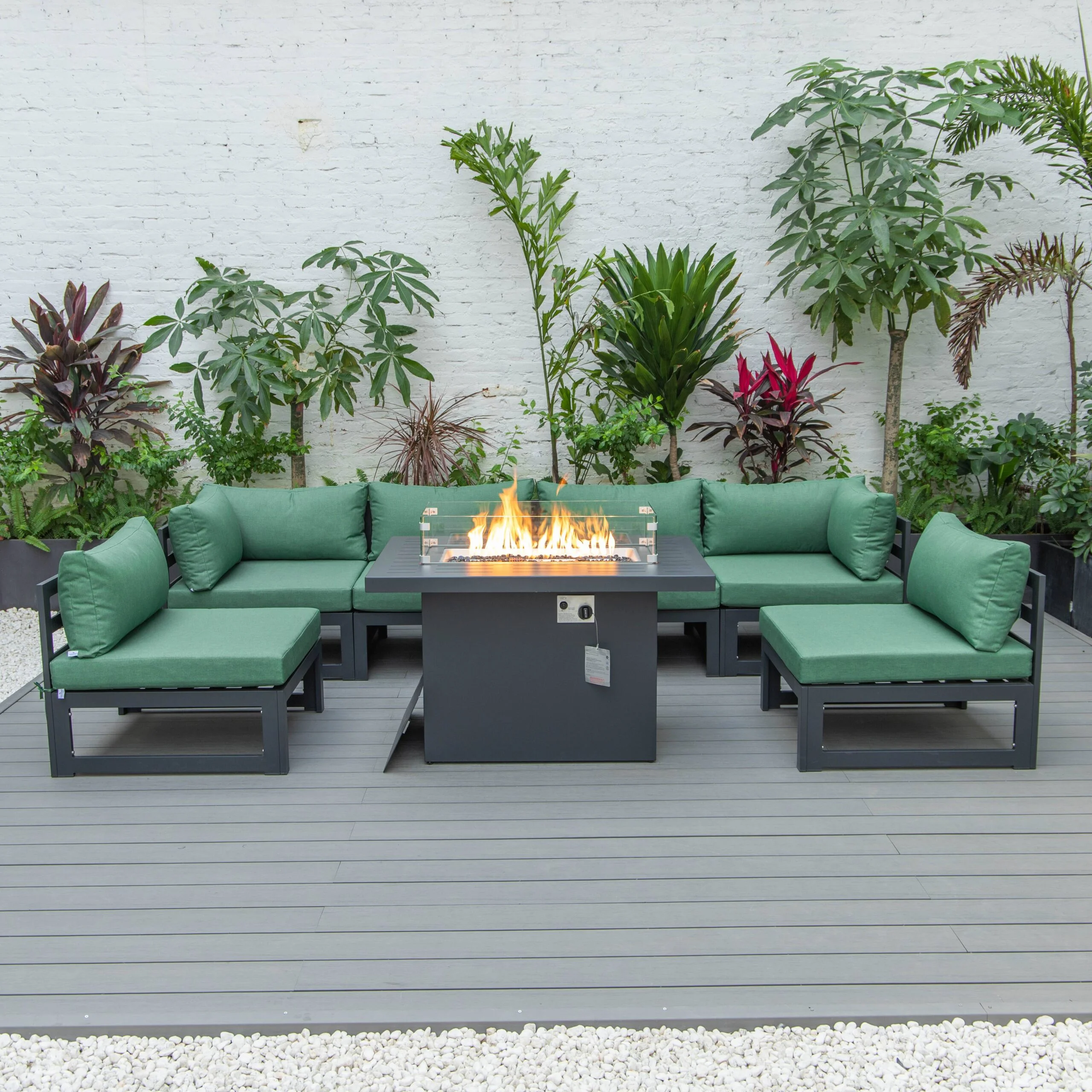 LeisureMod Chelsea Aluminum 7-Piece Outdoor Patio Coversation Set With Fire Pit in Green
