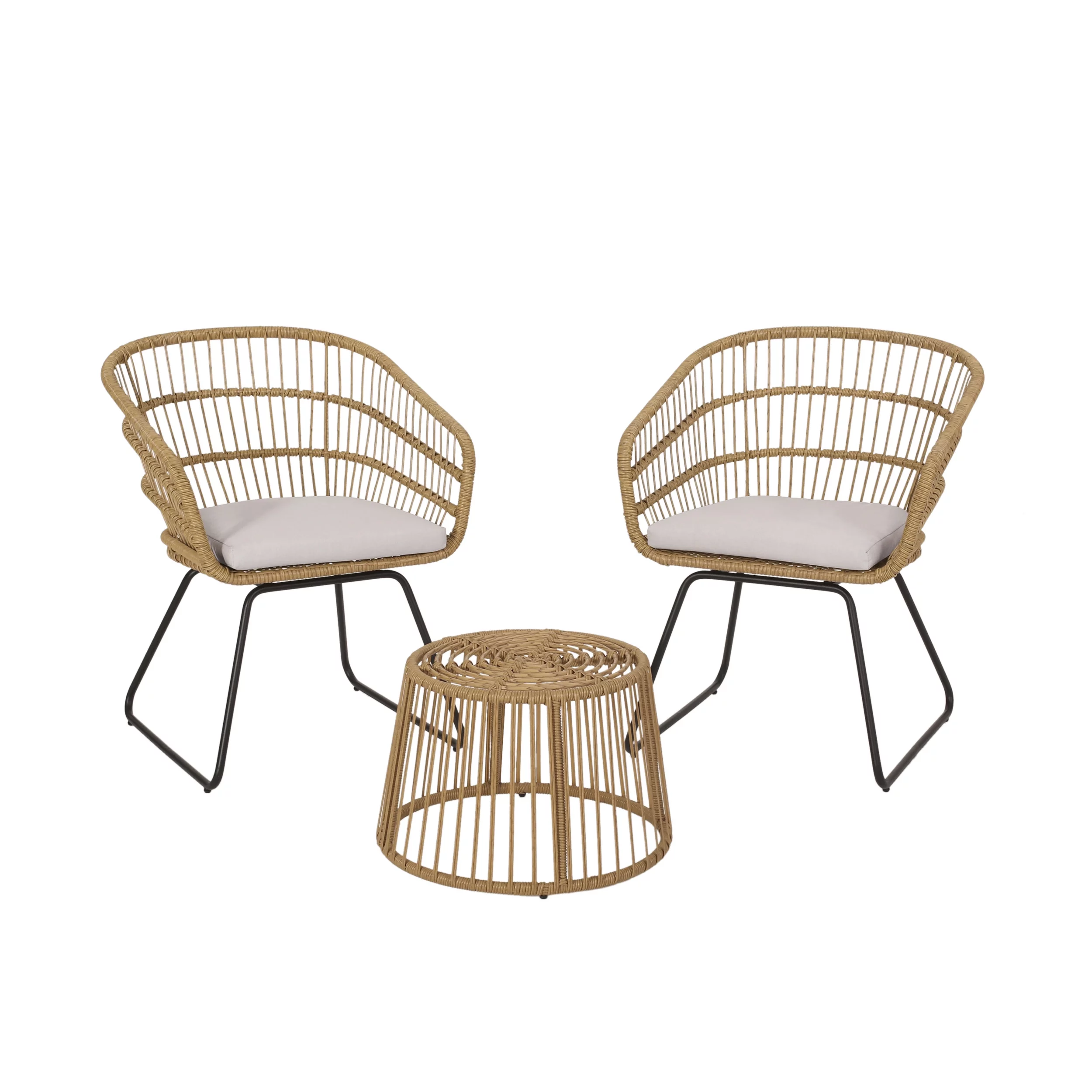 GDF Studio Edson Outdoor Wicker 3 Piece Chat Set with Cushion, Light Brown, Beige, and Black