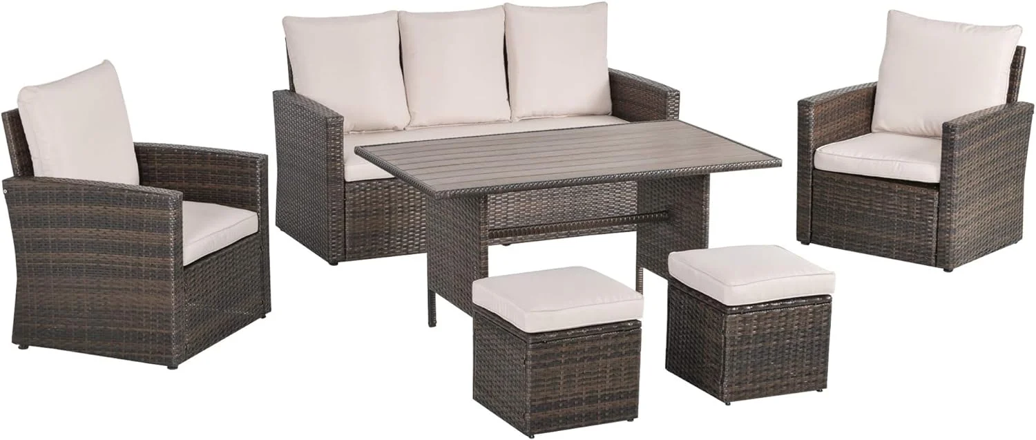 Dina 6 Piece Patio Dining Set  PE Rattan Furniture Set with 2 Chairs Cushions & Outdoor Three Seat Sofa  Woodgrain Slatted Dinner Table  Mixed Gray