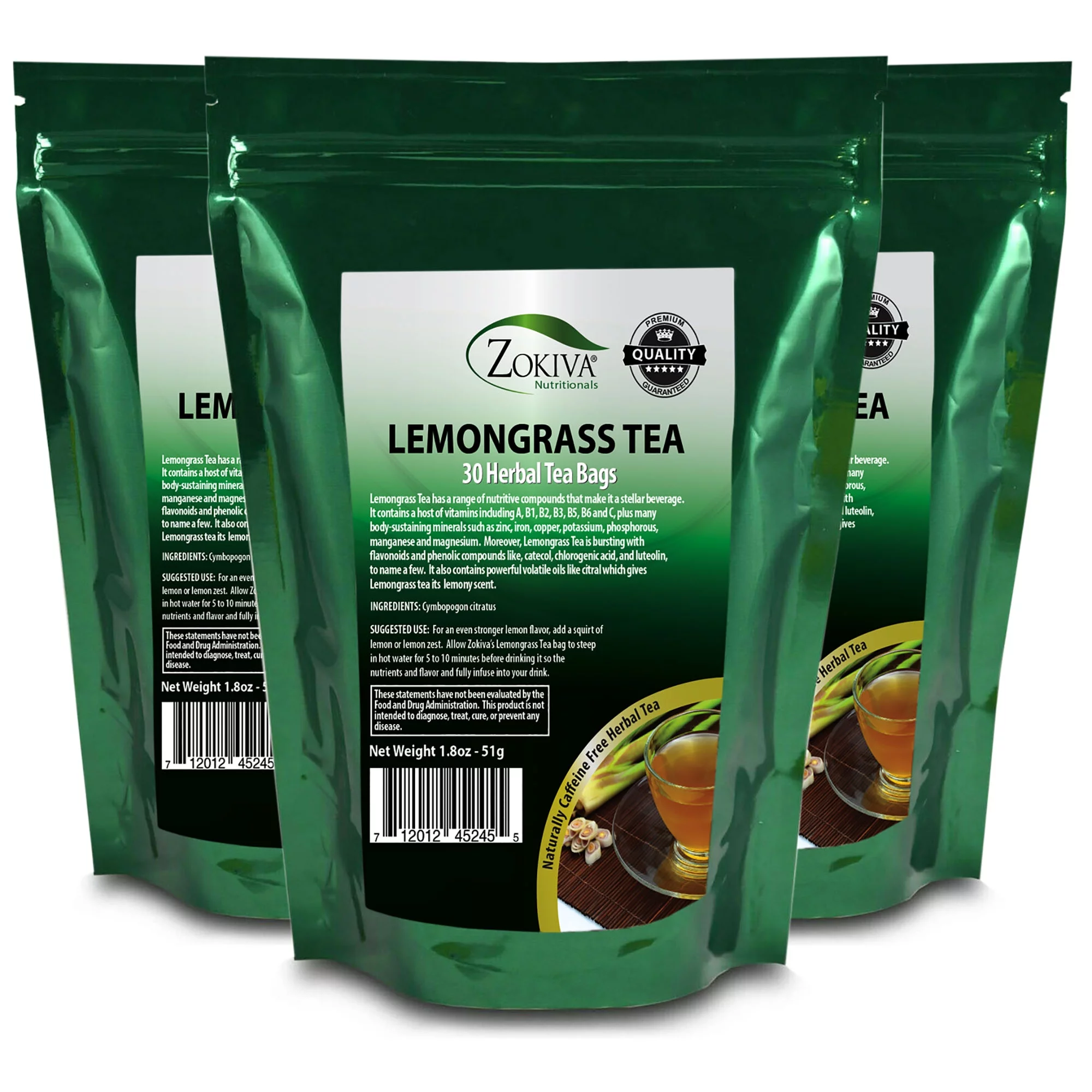 Lemongrass Tea 3-Pack 90 Bags All Natural Premium - Caffeine Free - in Resealable Pouch