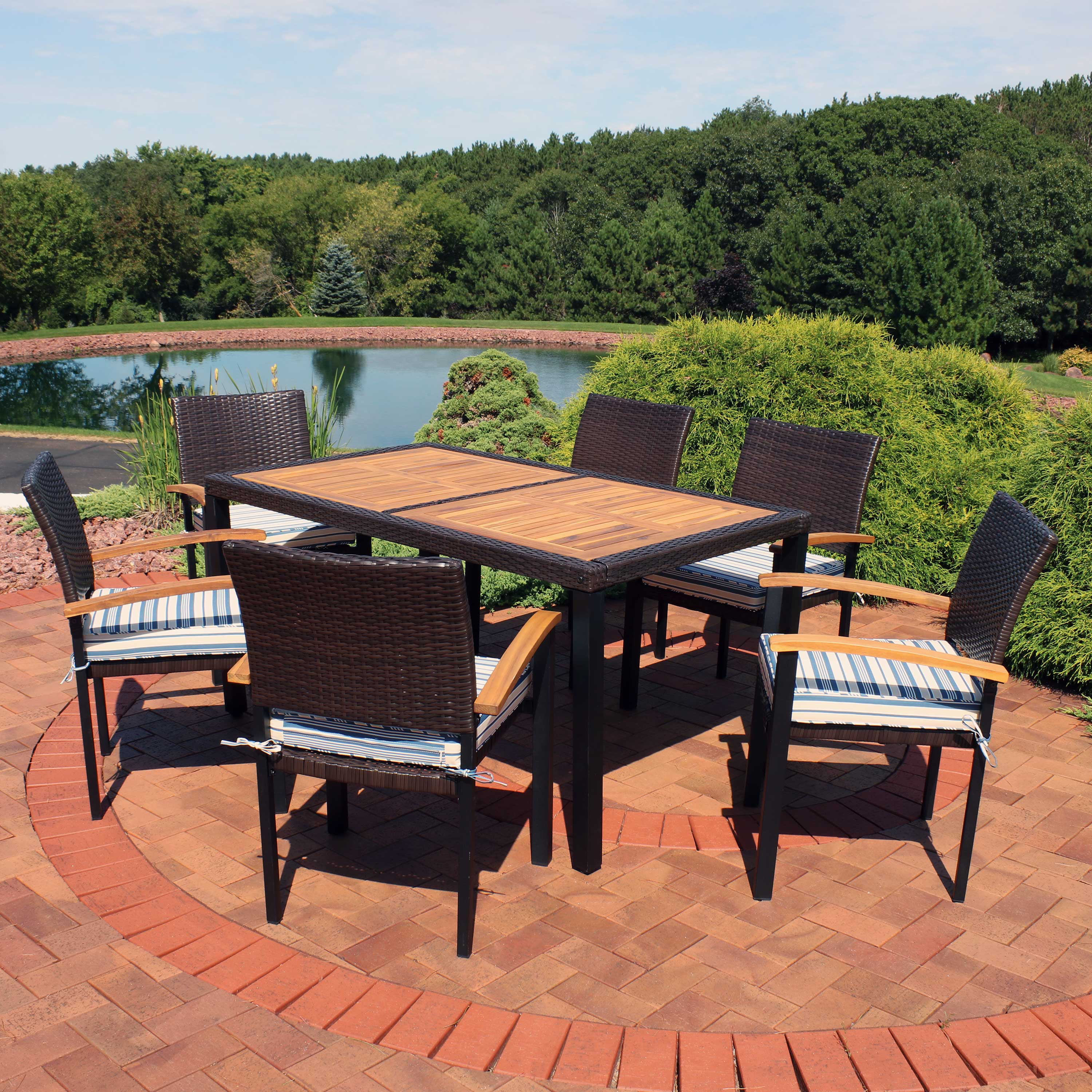 Sunnydaze Carlow 7-Piece Outdoor Dining Patio Set with Cushions - Dark Brown/Blue Stripe