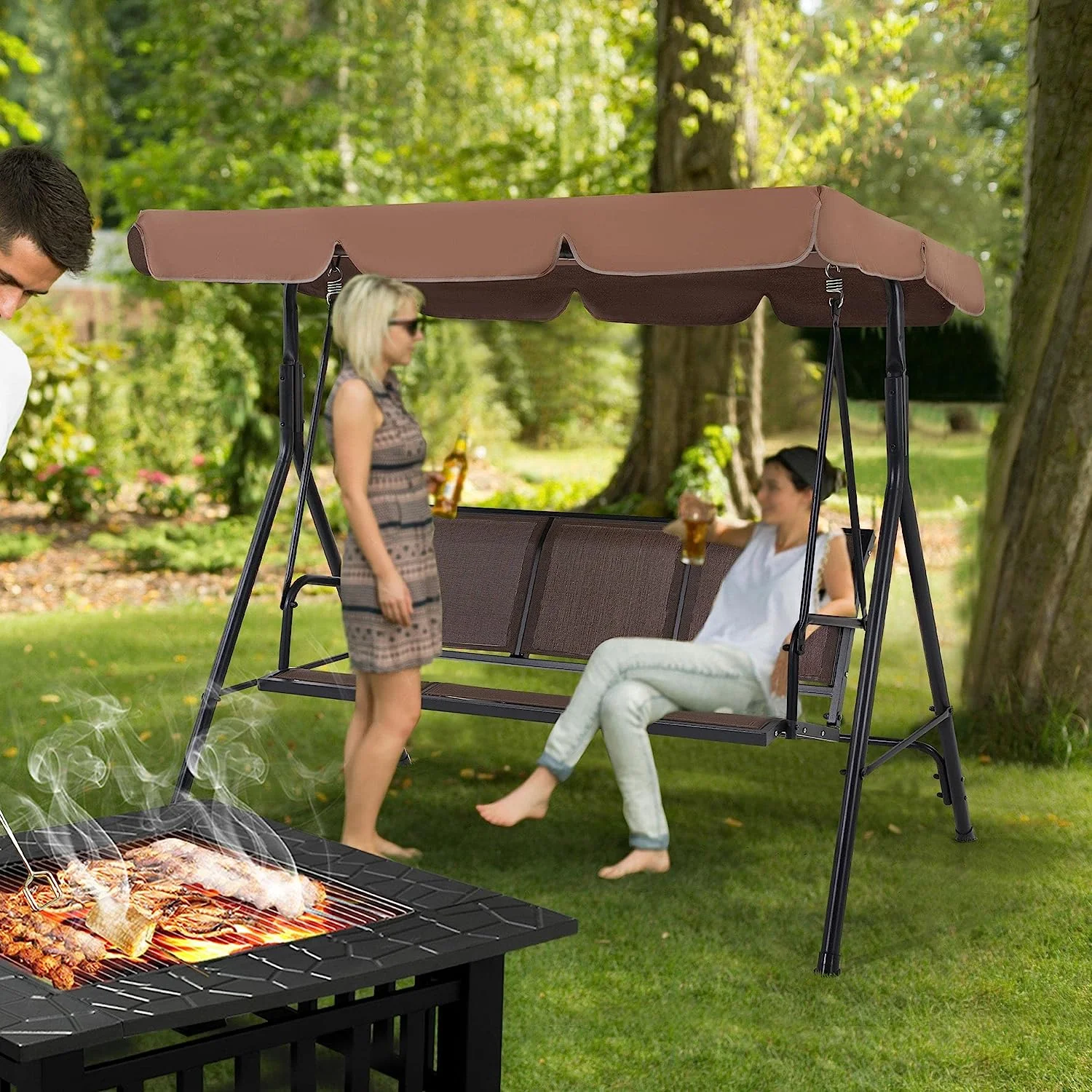 Sunset Hanging Swing: Adjustable Canopy, Texteline Fabric, 3-Seat Patio Lounge for Garden.