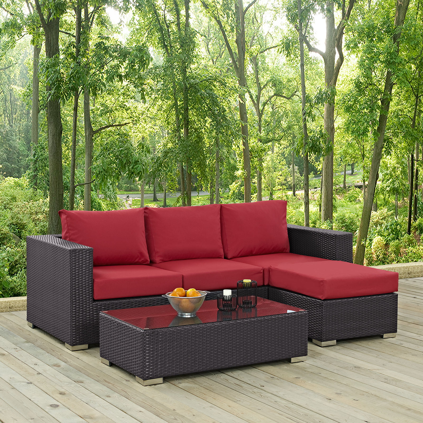 Modern Contemporary Urban Design Outdoor Patio Balcony Three PCS Sofa Set, Red, Rattan