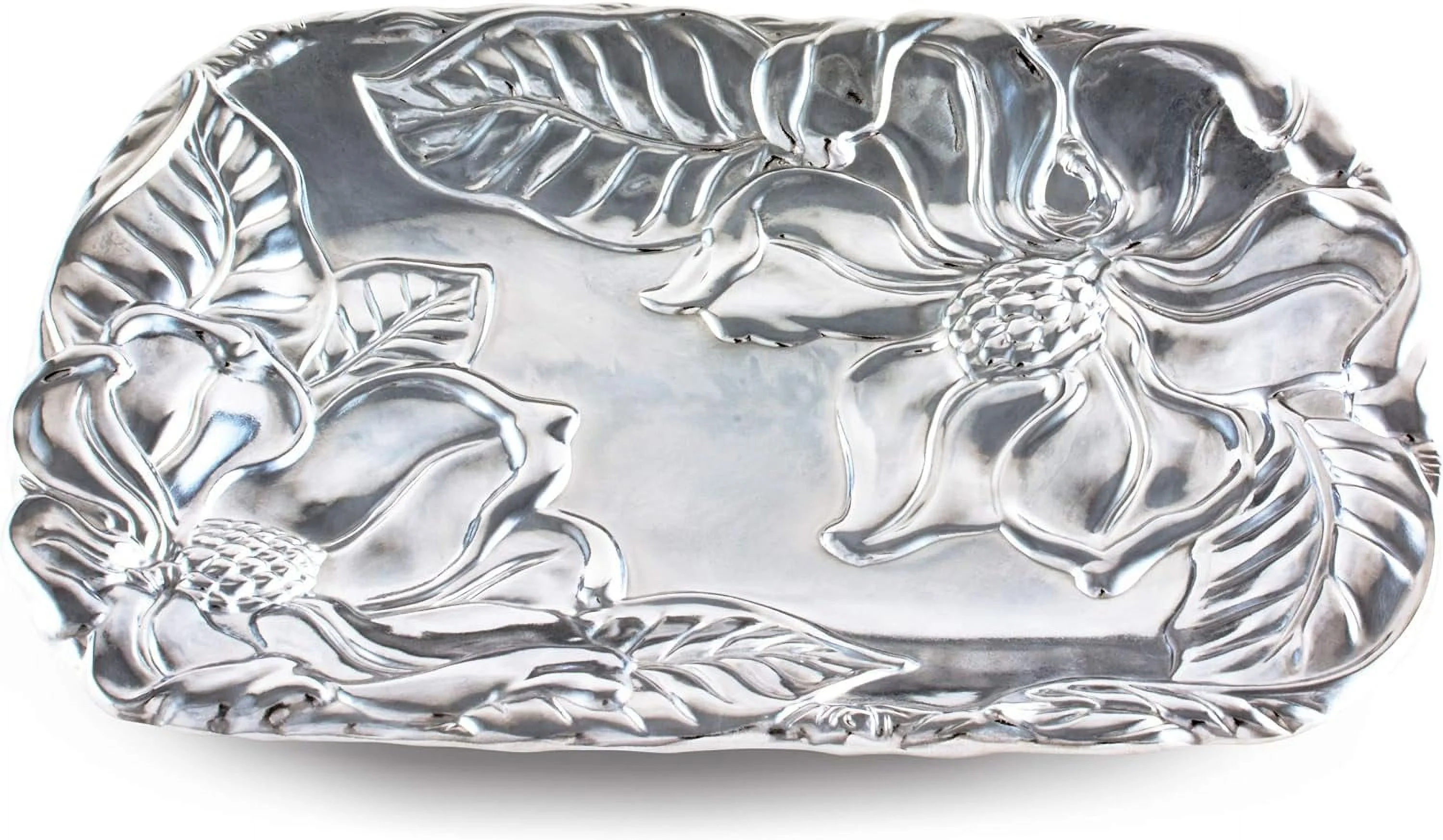 Designs Aluminum Southern Magnolia Flower Food Service Tray, Desktop Storage Organizer, Catchall, Valet, Nightstand Or Dresser Hand Polished 9.5 Inch Long