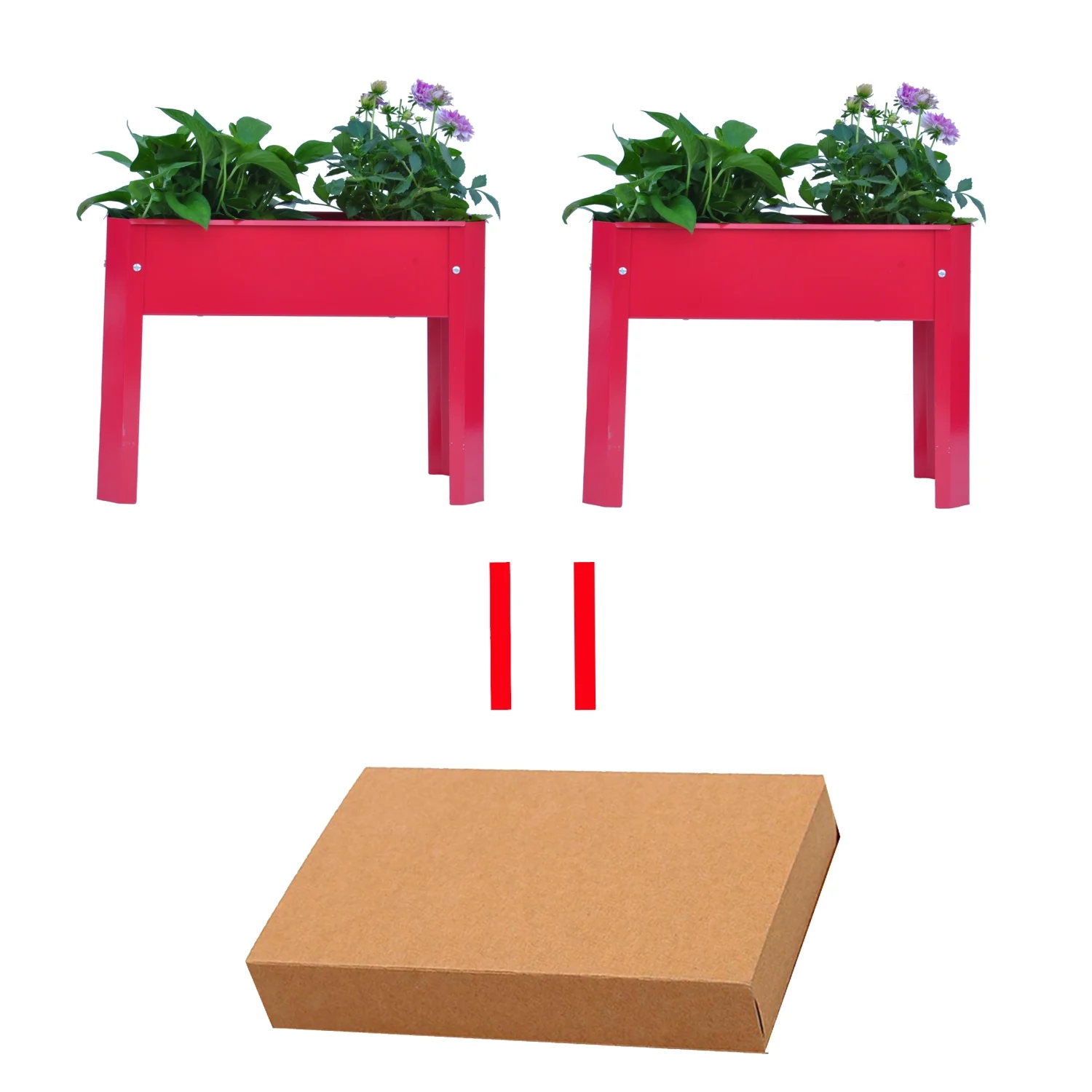 Double red elevated large metal outdoor flowerpot box suitable for backyard and terrace garden. Elevated design for easy planting and maintenance of vegetables and flowers. Stylish and fu