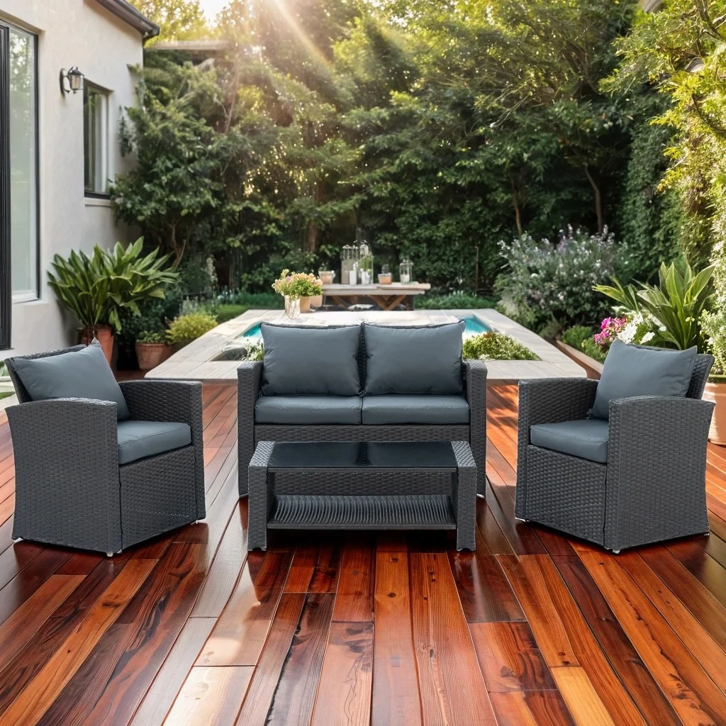 4 Pieces Patio Conversation Set, Outside Rattan Sectional Sofa, Outdoor Furniture Set with Light Grey Cushion, Wicker Sofa for Garden, Porch, Backyard, Grey