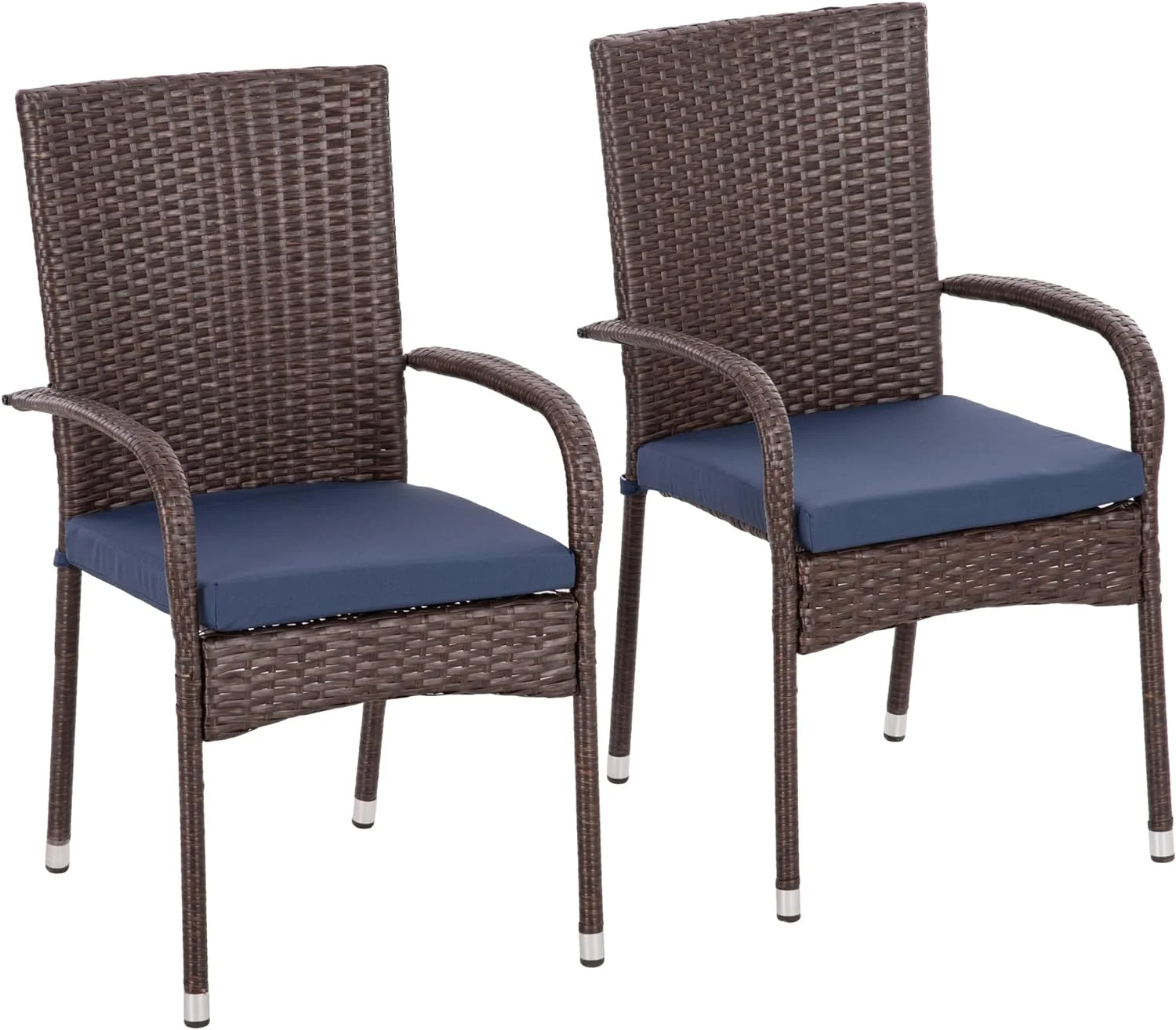 Outsunny Stackable PE Rattan Outdoor Dining Chairs with Cushions, Set of 2 Patio Wicker Dining Chairs with Armrests and Backrest for Patio, Deck, Blue