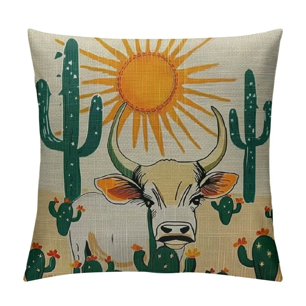 nygtbtfer Retro Western Bull Skull Cactus Sunset Desert Moon Landscape Throw Pillow Cover,Teen Girls Boys Cowgirl Cowboy Gifts,Wild West Decorative Linen Cushion Cover for Sofa Couch Bed White