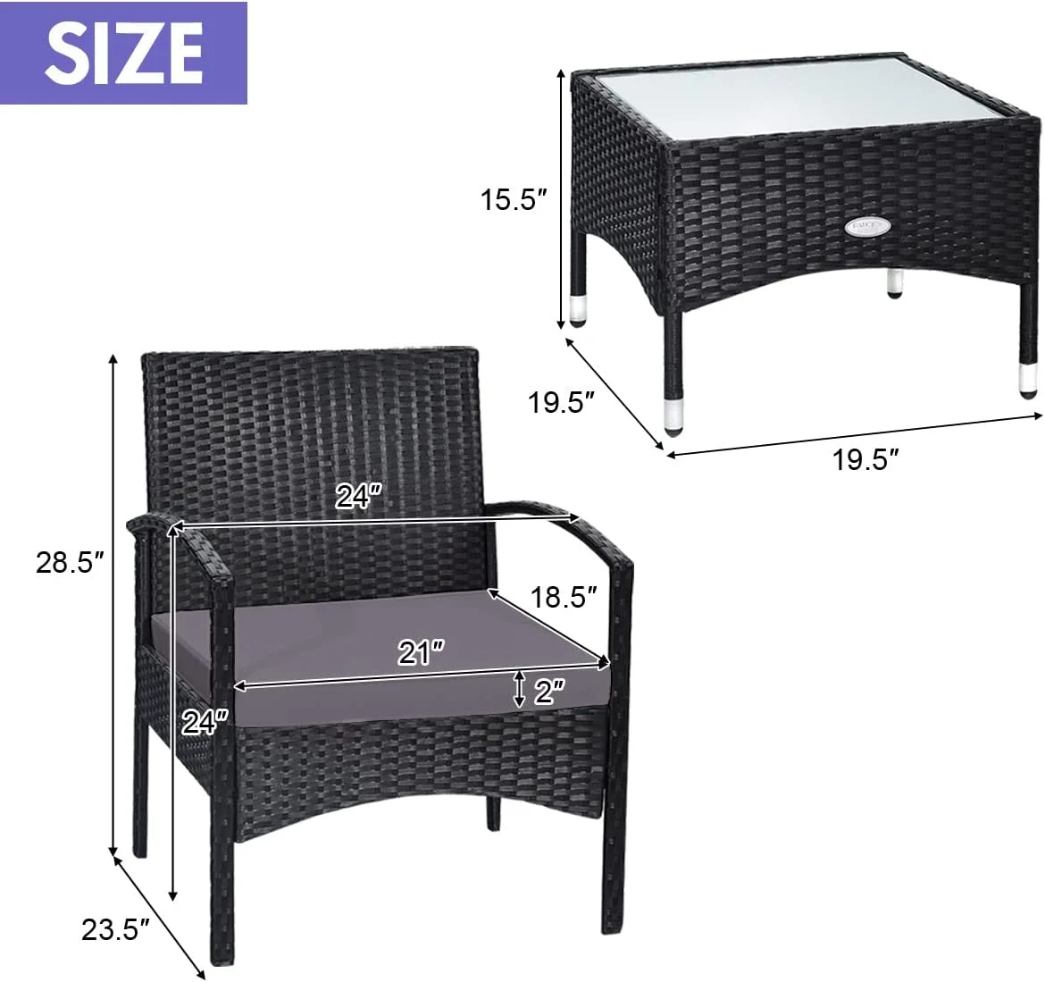 Dina 3 PCS Patio Wicker Conversation Set  PE Rattan Sofa with Tempered Glass Coffee Table  2 Chairs  2 Cushions  Outdoor Patio Furniture Set for Yard Porch Bistro Balcony Backyard Pool  G