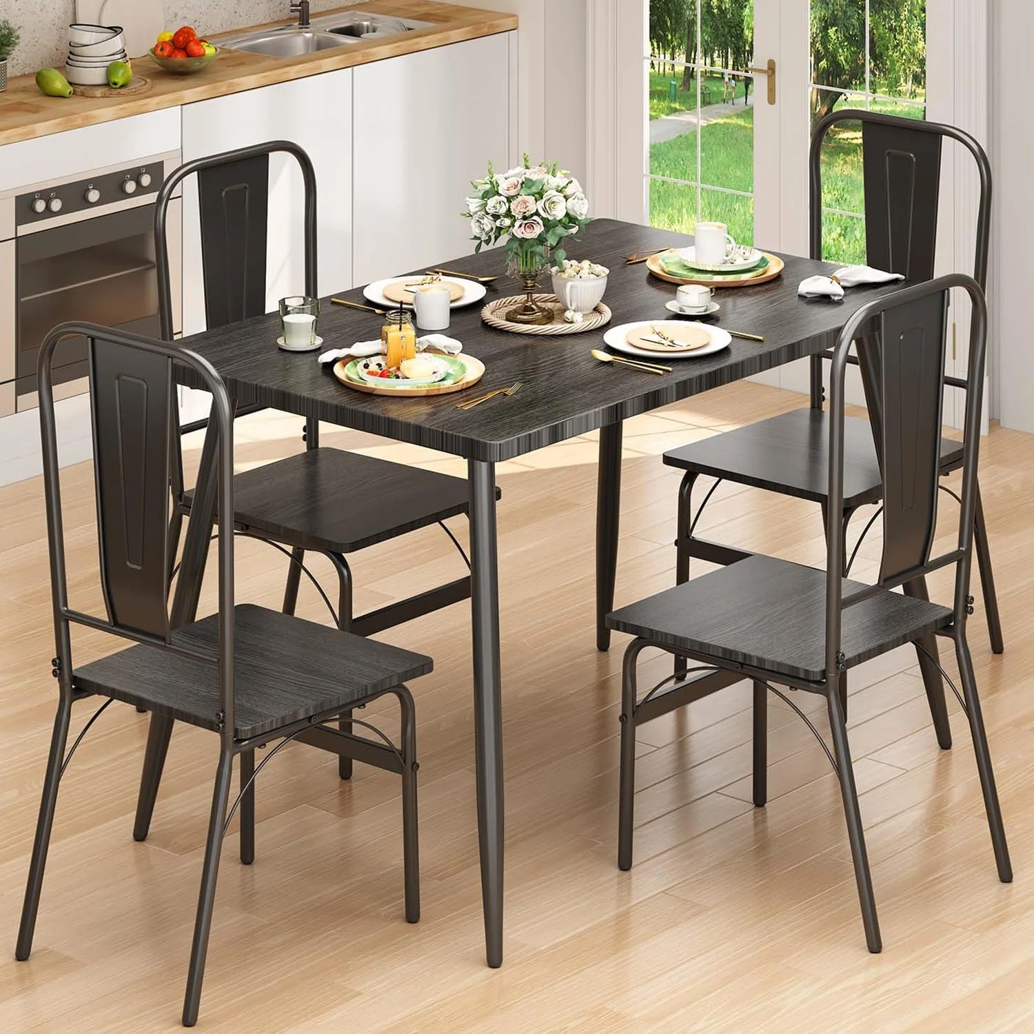Dining Table Set for 4 with One Table and Four Chairs, Small Space Dinette for Kitchen, Dining Room, Bistro, Modern Kitchen Table Set for Small Space, Apartment