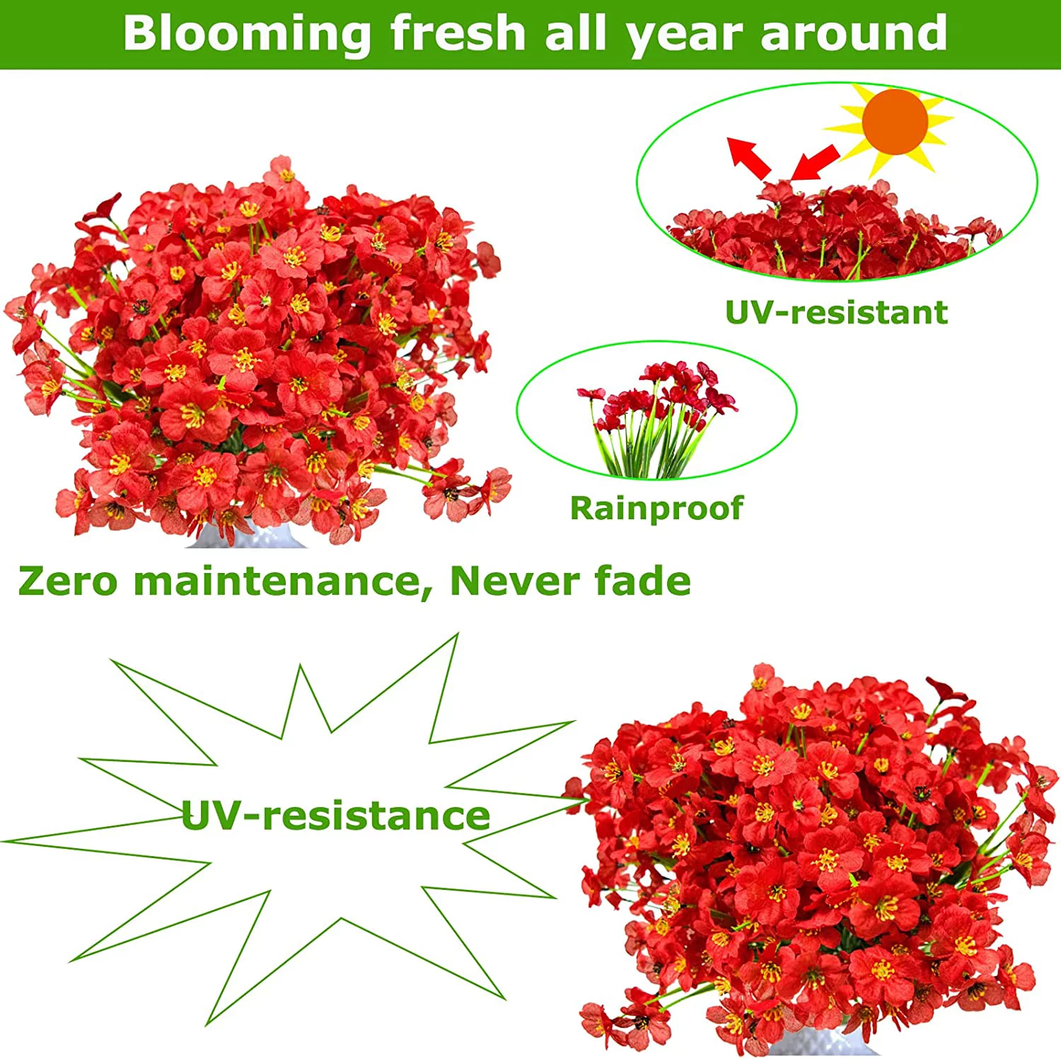 Viworld Artificial Spring Flowers Outdoor, 20 Bundles Yellow Fake Flowers UV Resistant No Fade Plastic Faux Plants Flowers for Outside Garden Porch Window Boxes Hanging Planter Decoration (Red)