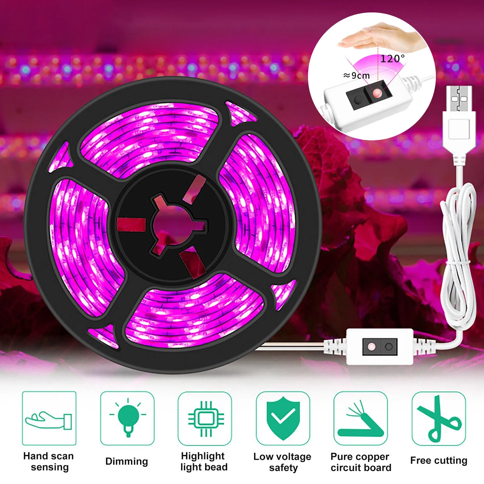 LED Grow Light Strips,3.28/1M 3258 SMD Waterproof LED Plant Light with Induction Switch, for All Stages of Plant Growth and Aquarium Greenhouse Hydroponic Plant, Garden Flowers Veg Grow Light