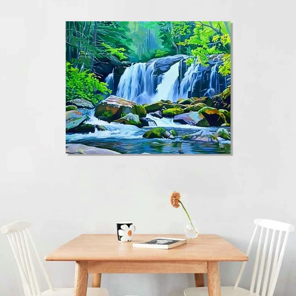 QFMY Green Forest Canvas Wall Art Waterfall Pictures Wall Decor Green Nature Landscape Canvas Painting Calming Nature Scene Canvas Print Artwork for Living Room Bedroom Home Wall Decoration 20x16in