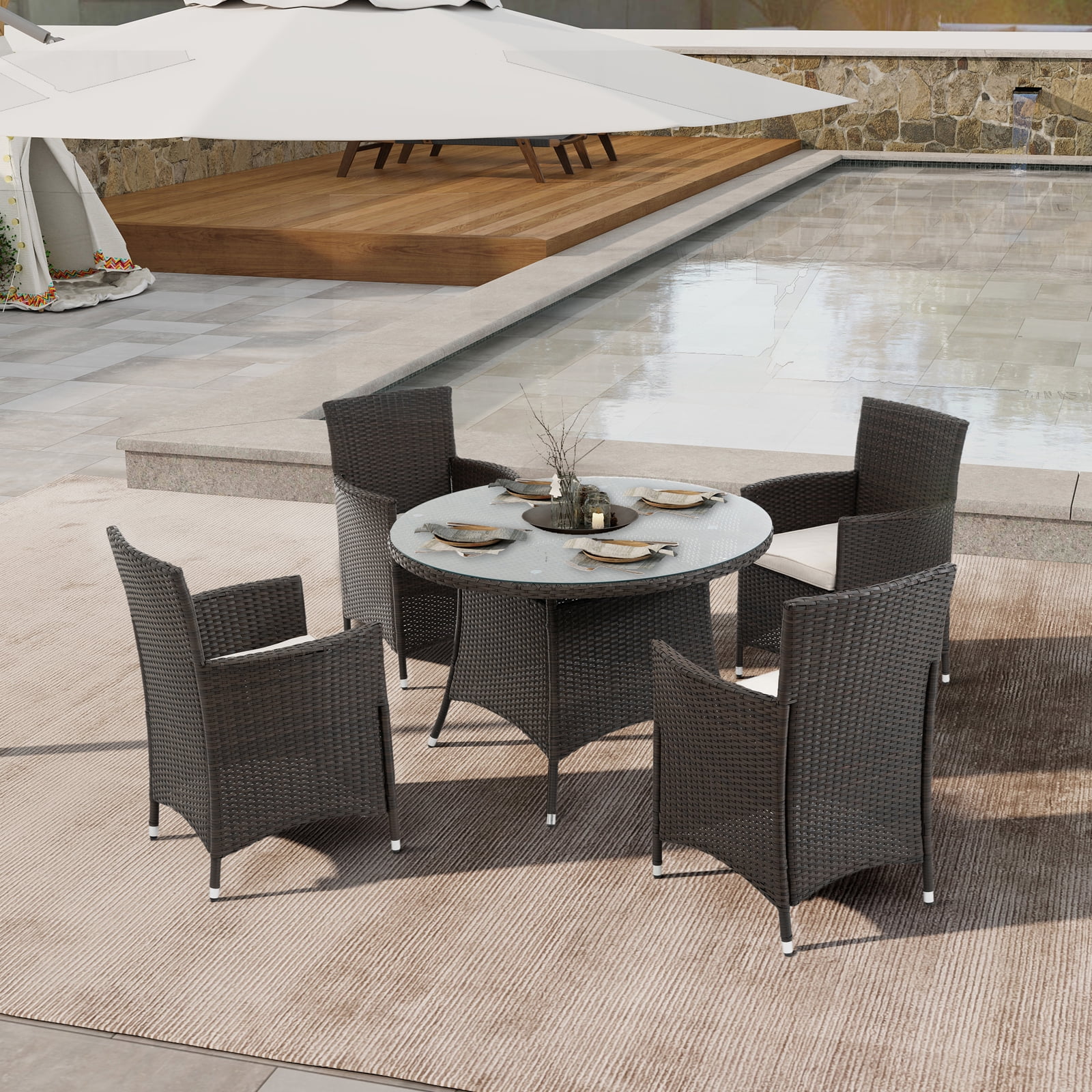 5 Piece Outdoor Dining Set All-Weather Wicker Patio Dining Table and Chairs with Cushions, Round Tempered Glass Tabletop with Umbrella Cutout for Patio Backyard Porch Garden Poolside