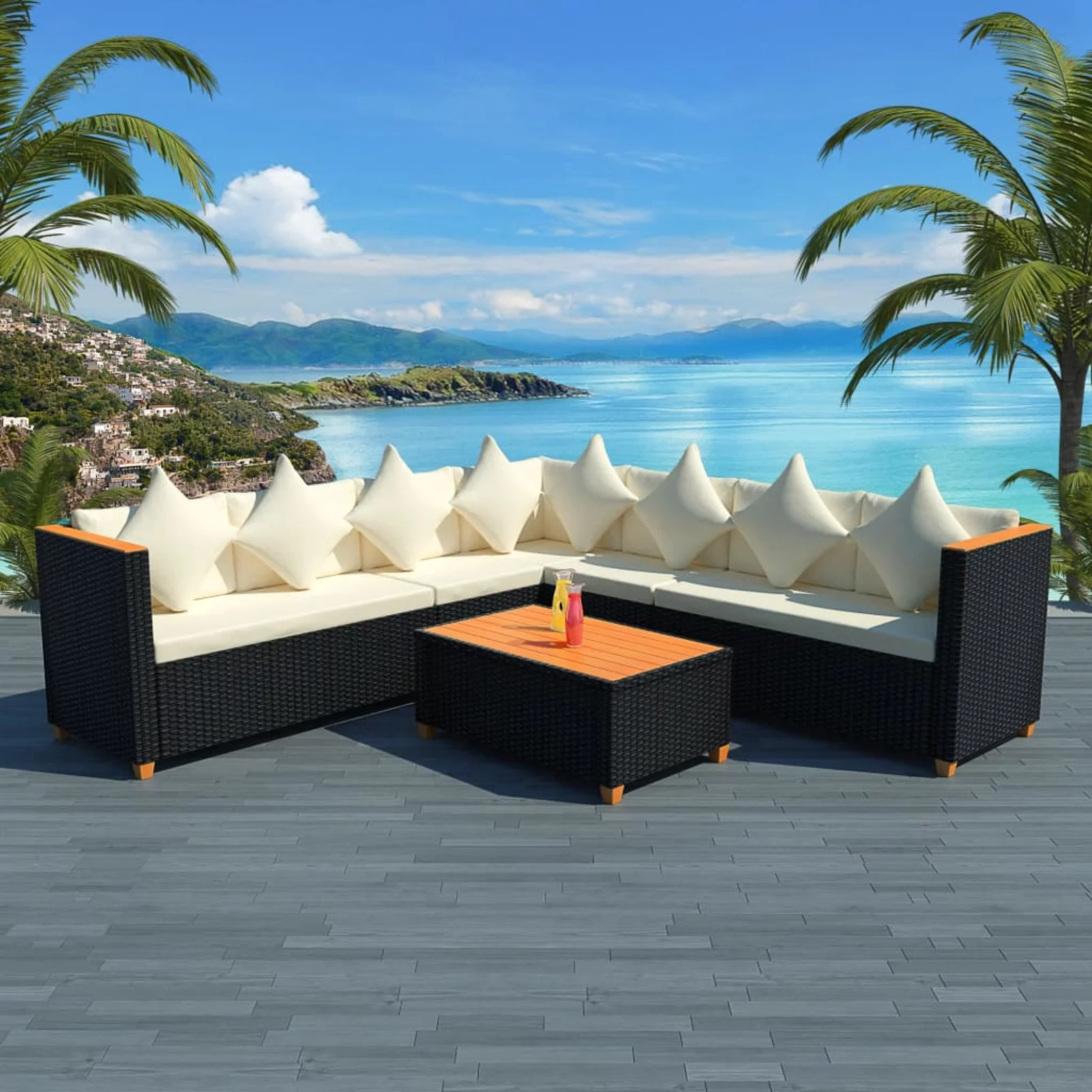 Anself 5 Piece Patio  Set with Cream White Cushion Black Poly Rattan Sofa Set  Conversation Set for Garden, Backyard, Patio, Balcony, Poolside