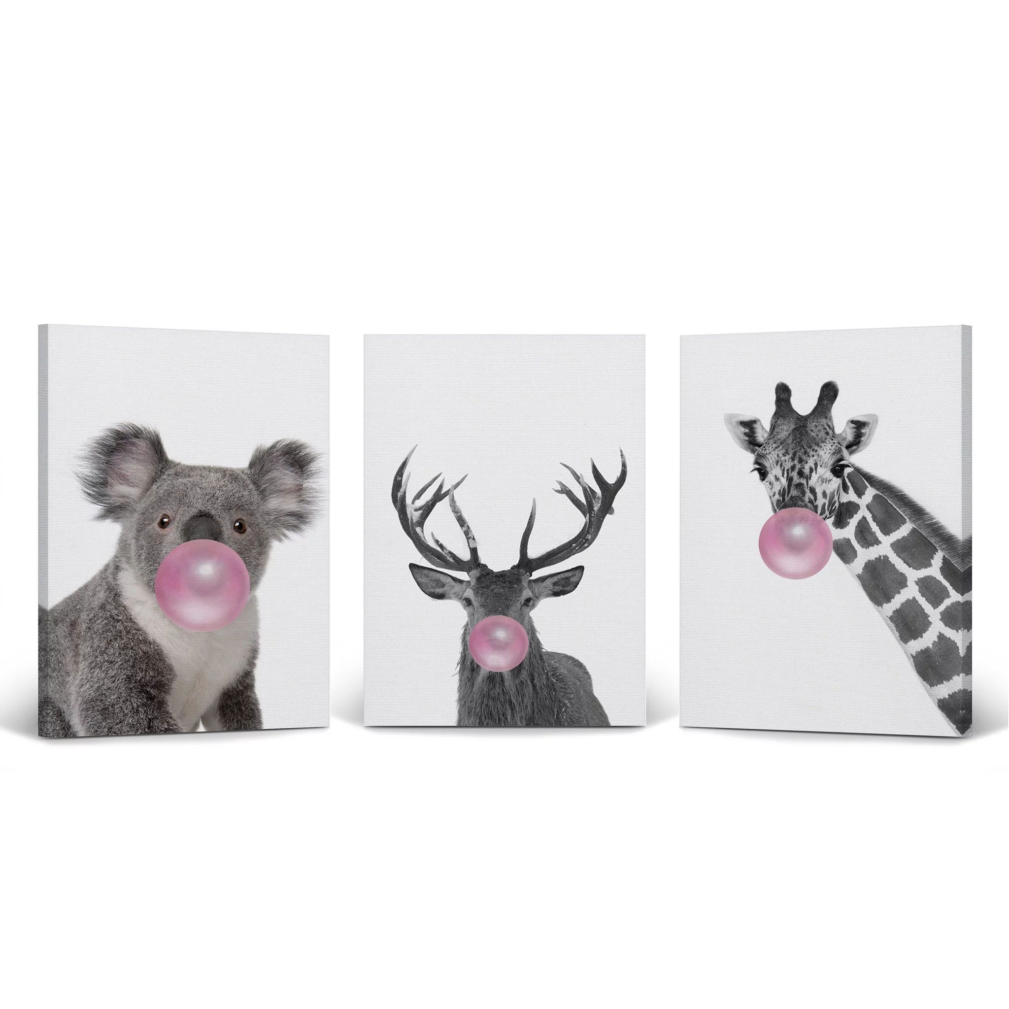 Smile Art Design Reindeer Koala Giraffe Animal Bubble Gum Art 3 PANEL CANVAS PRINT SET Pink Gum Black and White Wall Art Decor Pop Art Living Room Kids Room Nursery Ready to Hang Made in USA 17x11