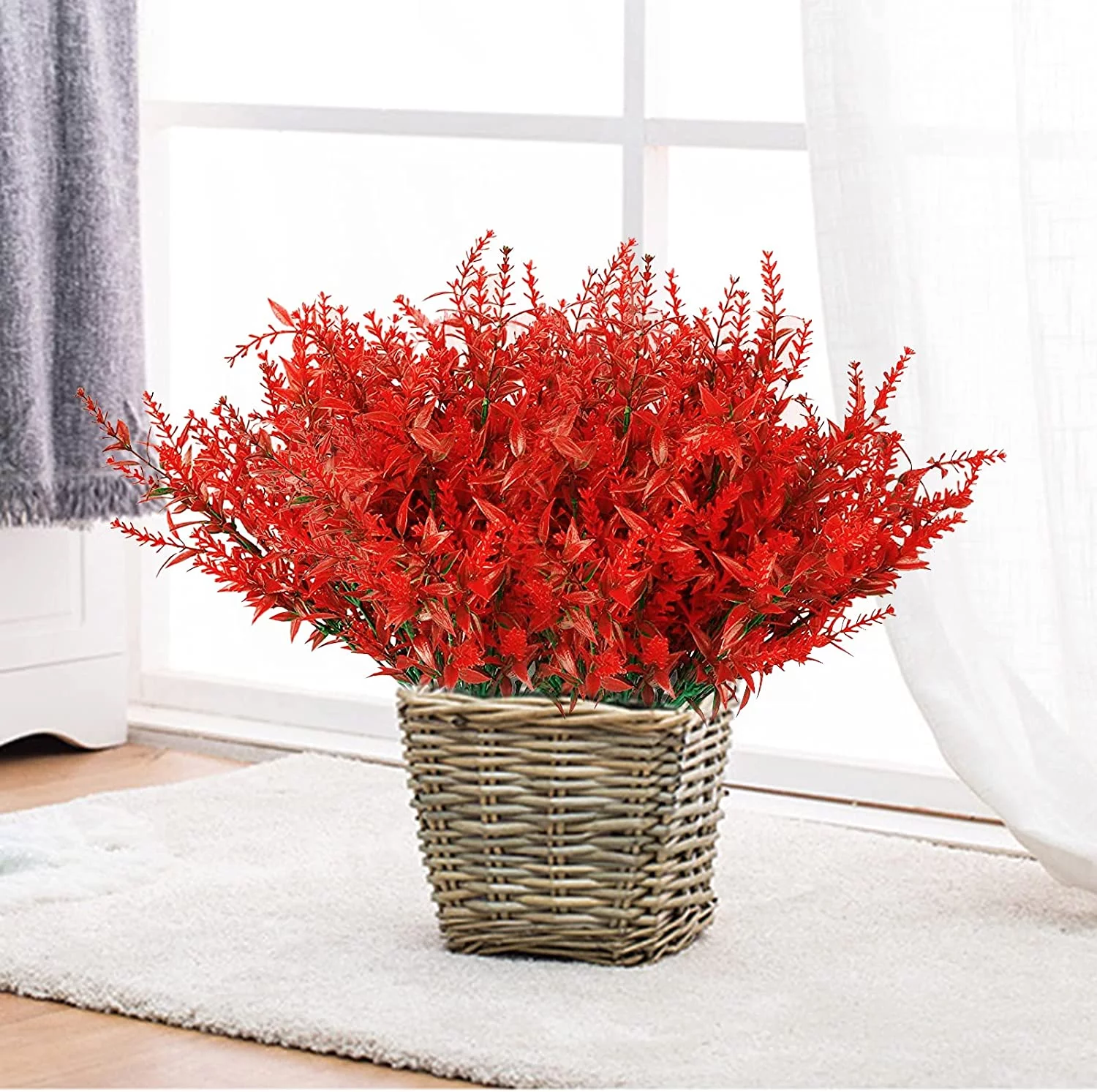 Babibeauty 8 Bundles Artificial Lavender Flowers Outdoor Fake Flowers for Decoration UV Resistant Hanging Planter Flora Fence Indoor Outside Decor Wedding Table Flowers,Big Red