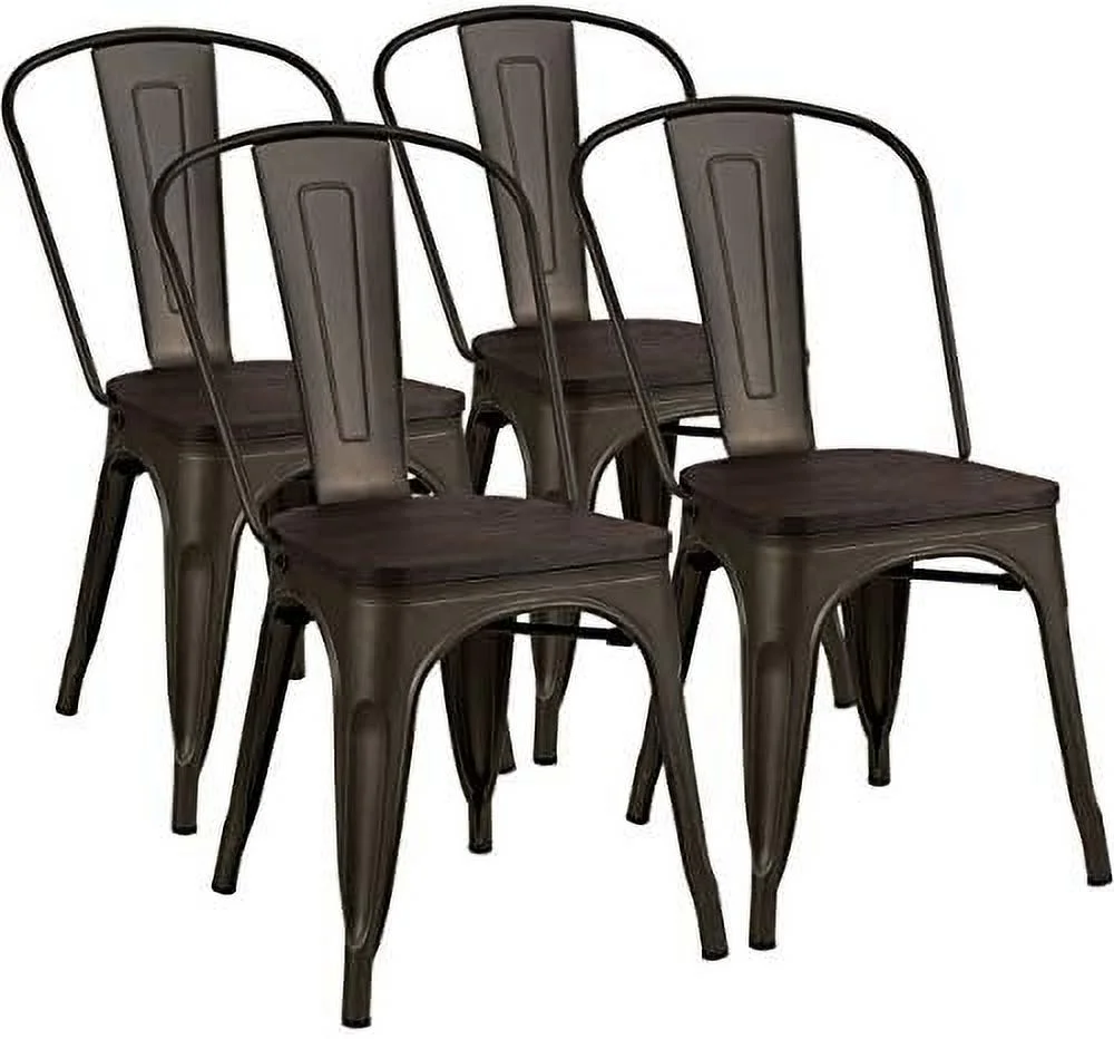 LNSETGC Set of 4 Metal Dining Chairs with Wood Top Seat  Tolix Style Stackable Bistro Cafe Side Chair  Indoor Outdoor Dining Chairs with High Backrest  Perfect for Living Room  Restaurant