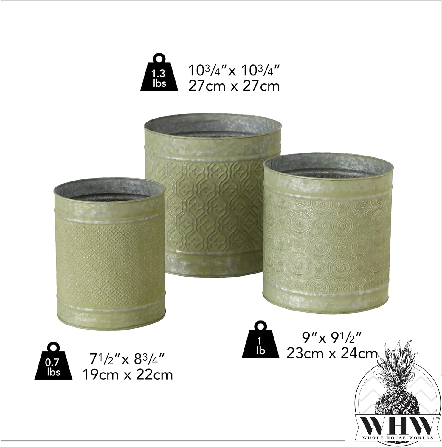 Boho Shabby Style Round Planters, Set of 3, Embossed Mandala Daisy Patterns, Grey with Green Patina, 10.75, 9.75, and 8.75 Inches, Cache Pots