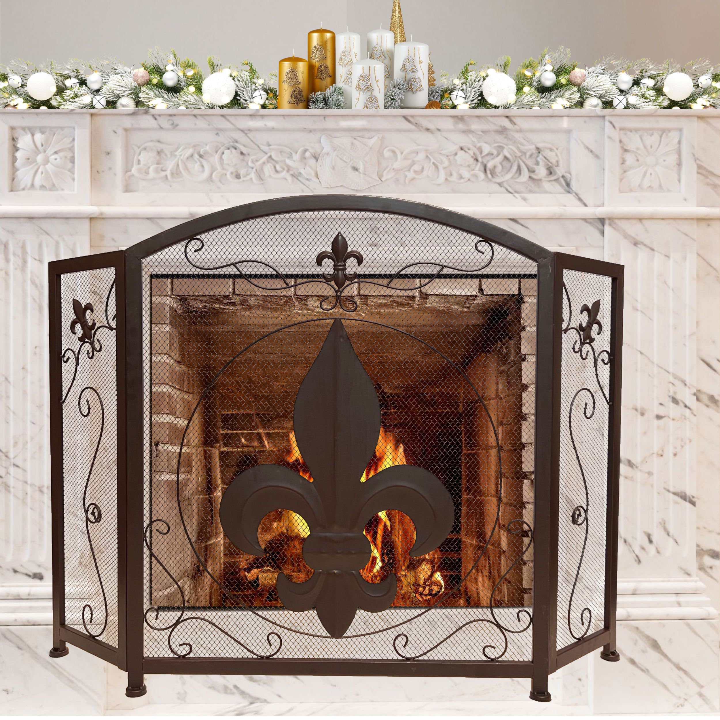 3-panel Foldable Fireplace Screen with Fleur De Lis Design