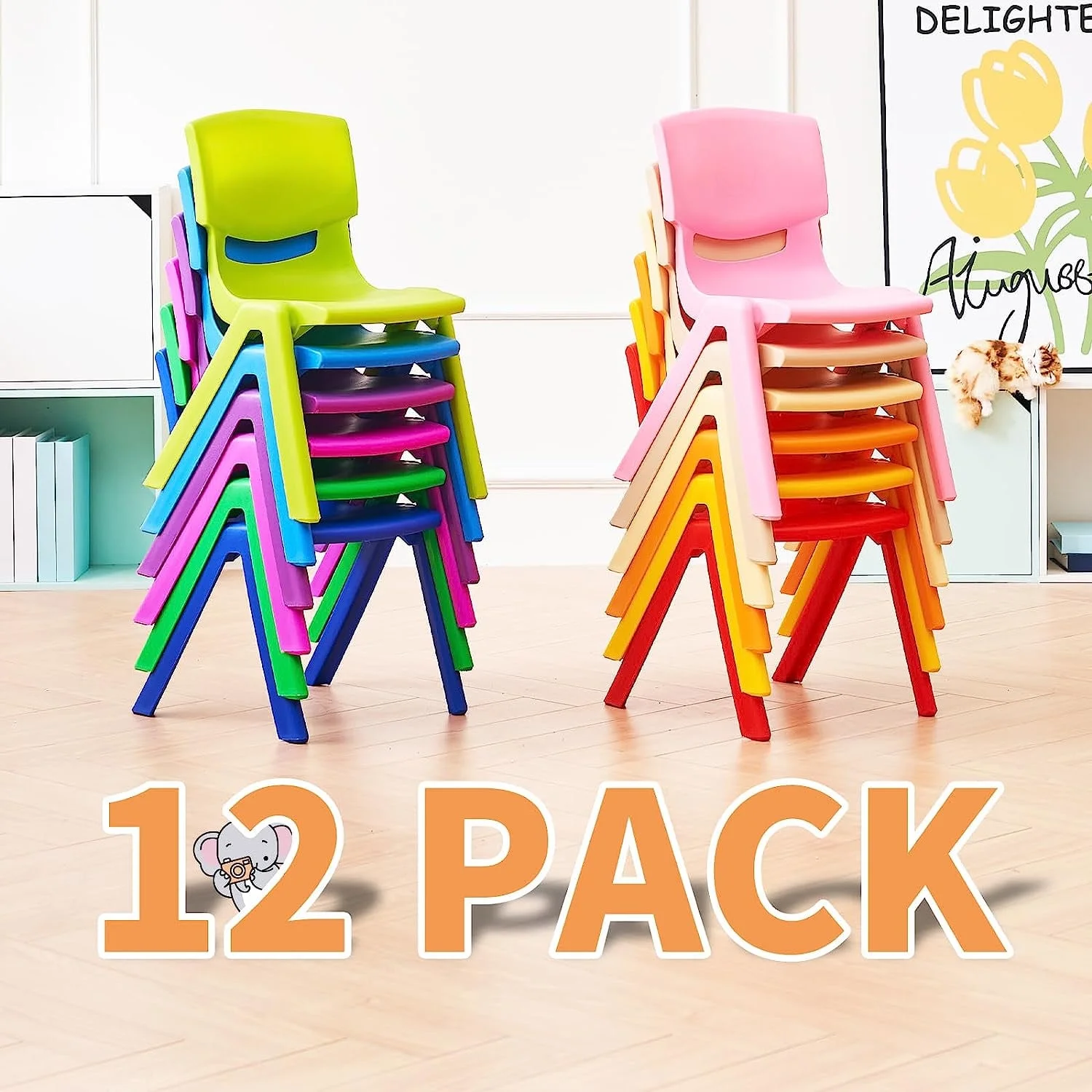 12Pcs Stackable School Chairs, Linor Colorful Kids Plastic Chair for Toddlers with 12'' Seat, Kids Flexible Seating for Classroom Elementary, School, Daycare, Outdoor, Classroom Furniture