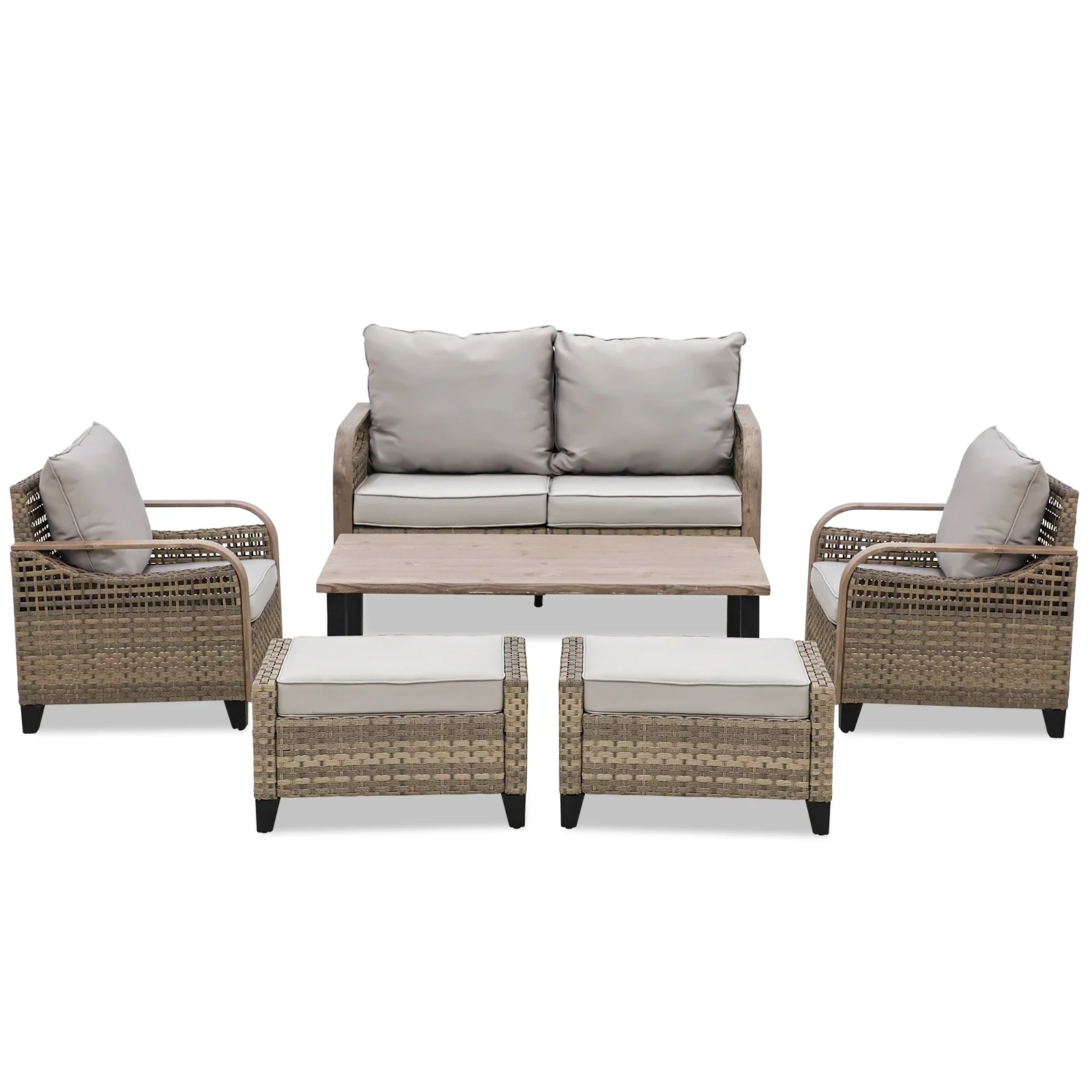 EAGLE PEAK 6 Piece Wicker Outdoor Patio Furniture Set, Patio Set with 2 Patio Chairs, 2 Seat Loveseat Sofa, 2 Ottomans, and Coffee Table, Brown/Beige