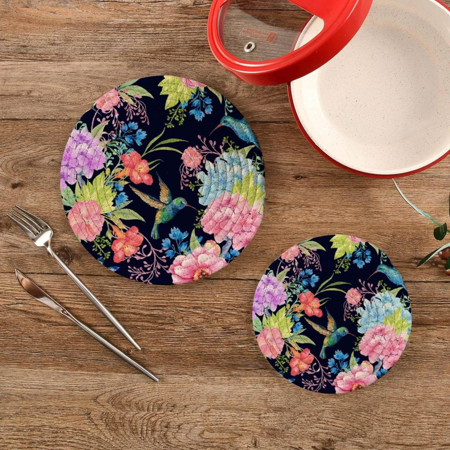 Hummingbird Birds Flowers Potholders Set Trivets Set 2 PCS, Retro Summer Floral Pot Holders for Kitchen, 100% Cotton Woven Hot Pads Trivets Set for Kitchen Heat Resistant, 7.09