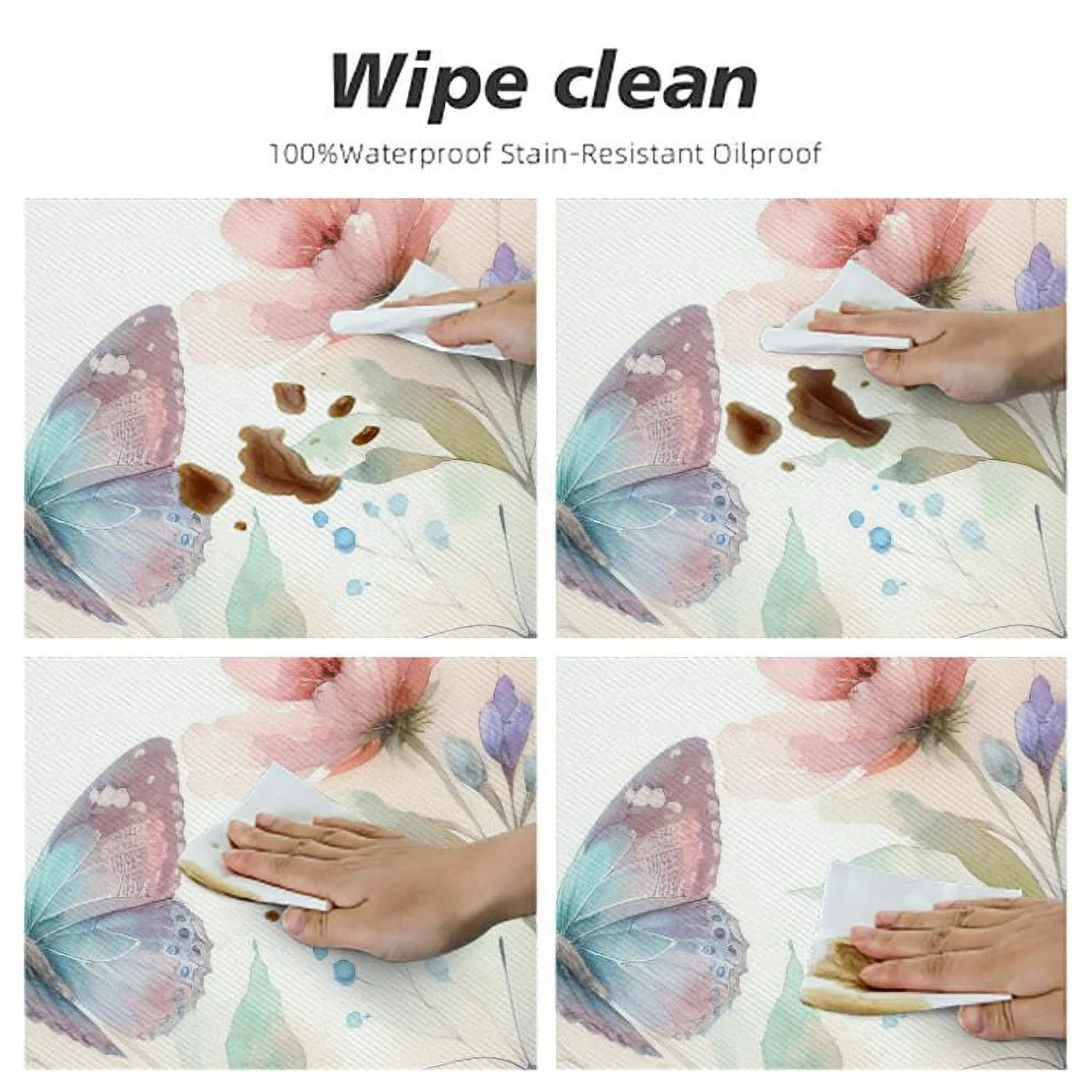 PINGXIXI  Vinyl Table Cover Elastic Edged Pink Rose Butterflies Tablecloths Heavy Duty Fitted  Round Table Waterproof Oil-Proof Wipeable PVC Table Cloth