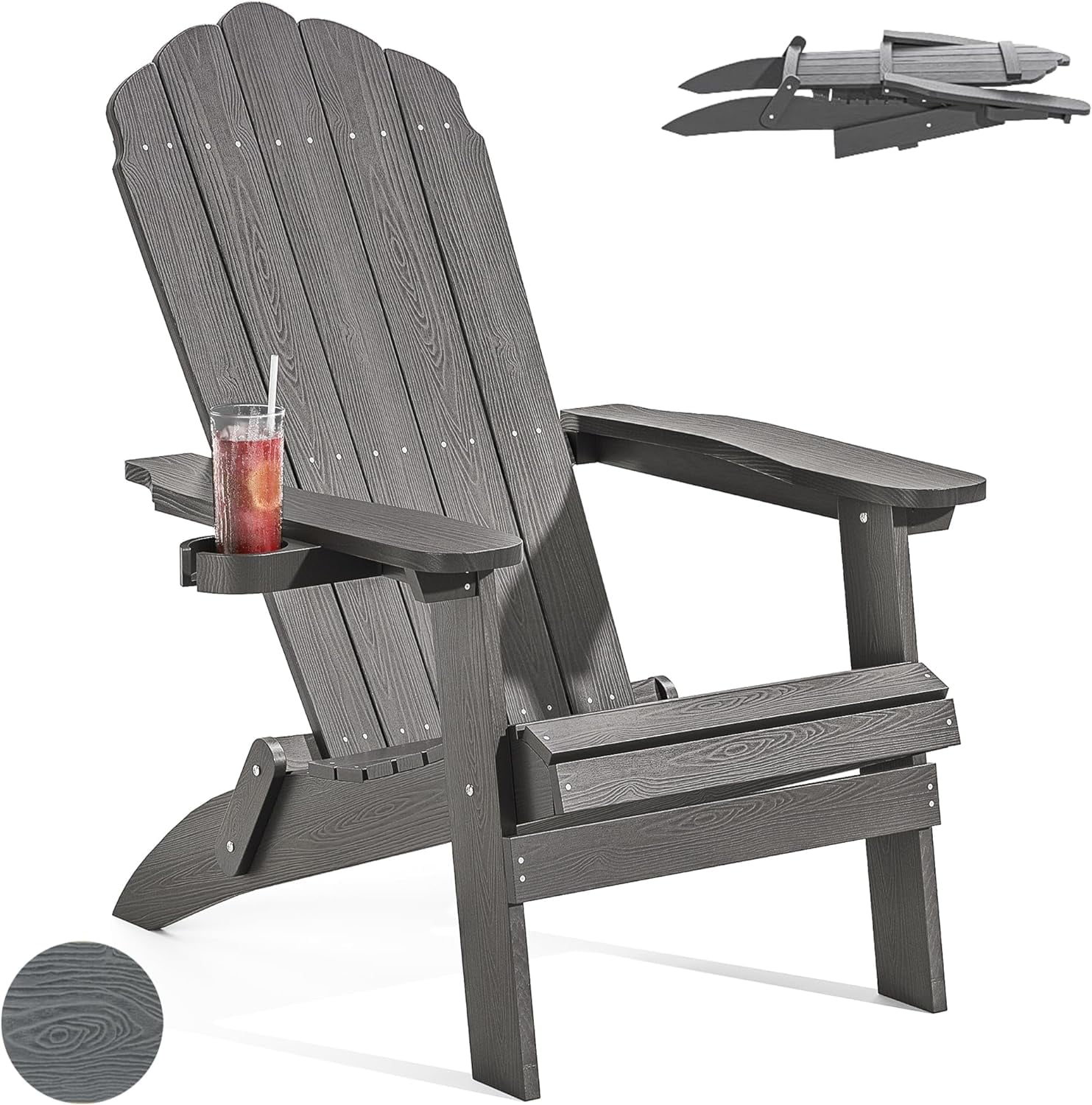 Qsun Folding Adirondack Chair, Fire Pit Chairs, Patio Chairs Weather Resistant with Cup Holder, HIPS Texture Adirondack Chairs, Outdoor Chairs, Grey