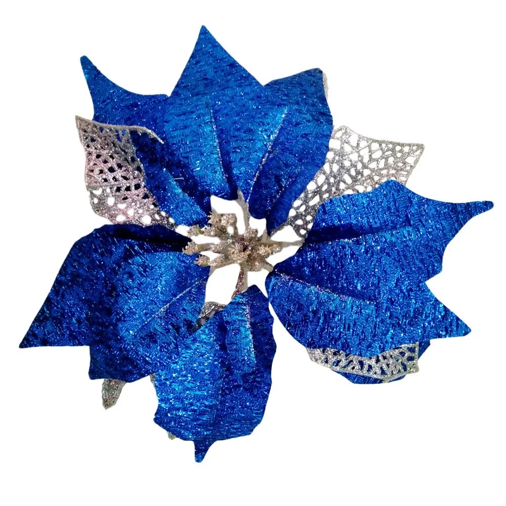 Pack of 12 Large Glitter Poinsettia Christmas Tree Ornaments Wedding Artificial Flowers Decorations  (Blue)