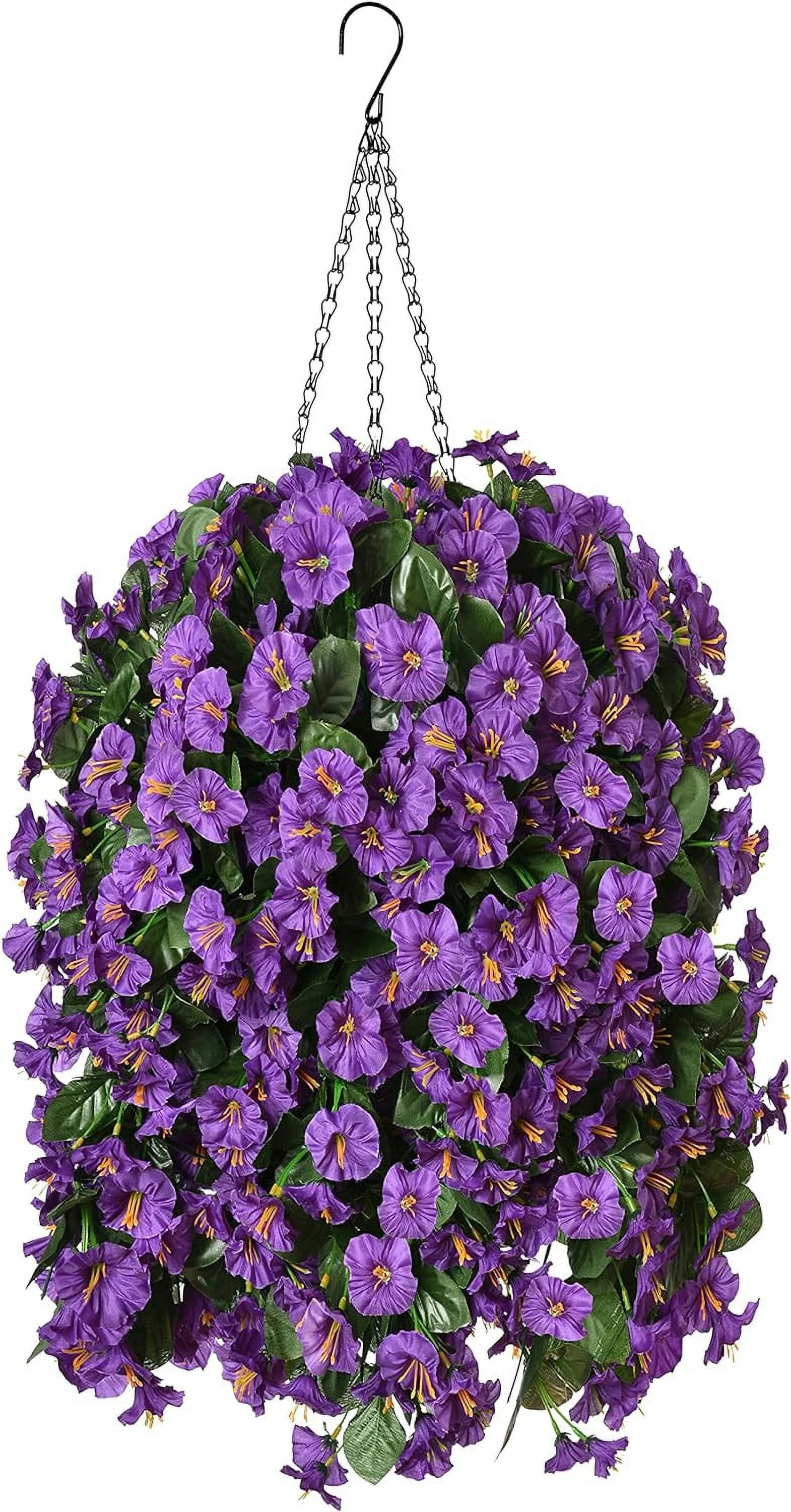 Artificial Faux Hanging Flowers Plants Basket for Spring Summer Outdoor Outside Porch Decoration, UV Resistant Fake Silk Purple Morning Glory Long Vines Realistic for Home Balcony Yard Patio