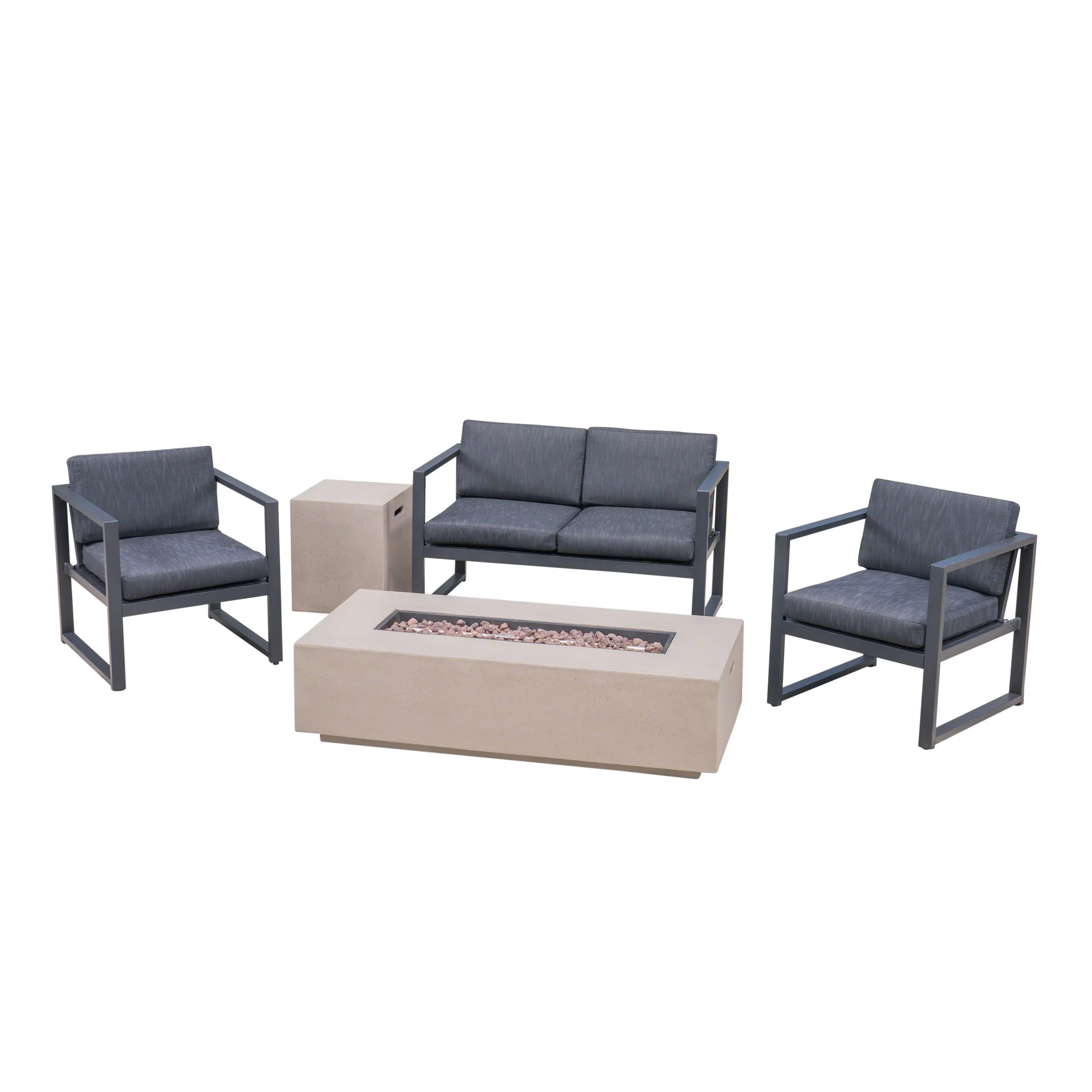 GDF Studio Noah Outdoor Aluminum 4 Seater Chat Set with Fire Pit, Dark Gray, Black, and Light Gray