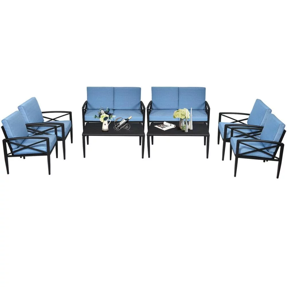 Blue 8PCS Patio Furniture Set Aluminum Frame Cushioned Sofa Chair Coffee Table