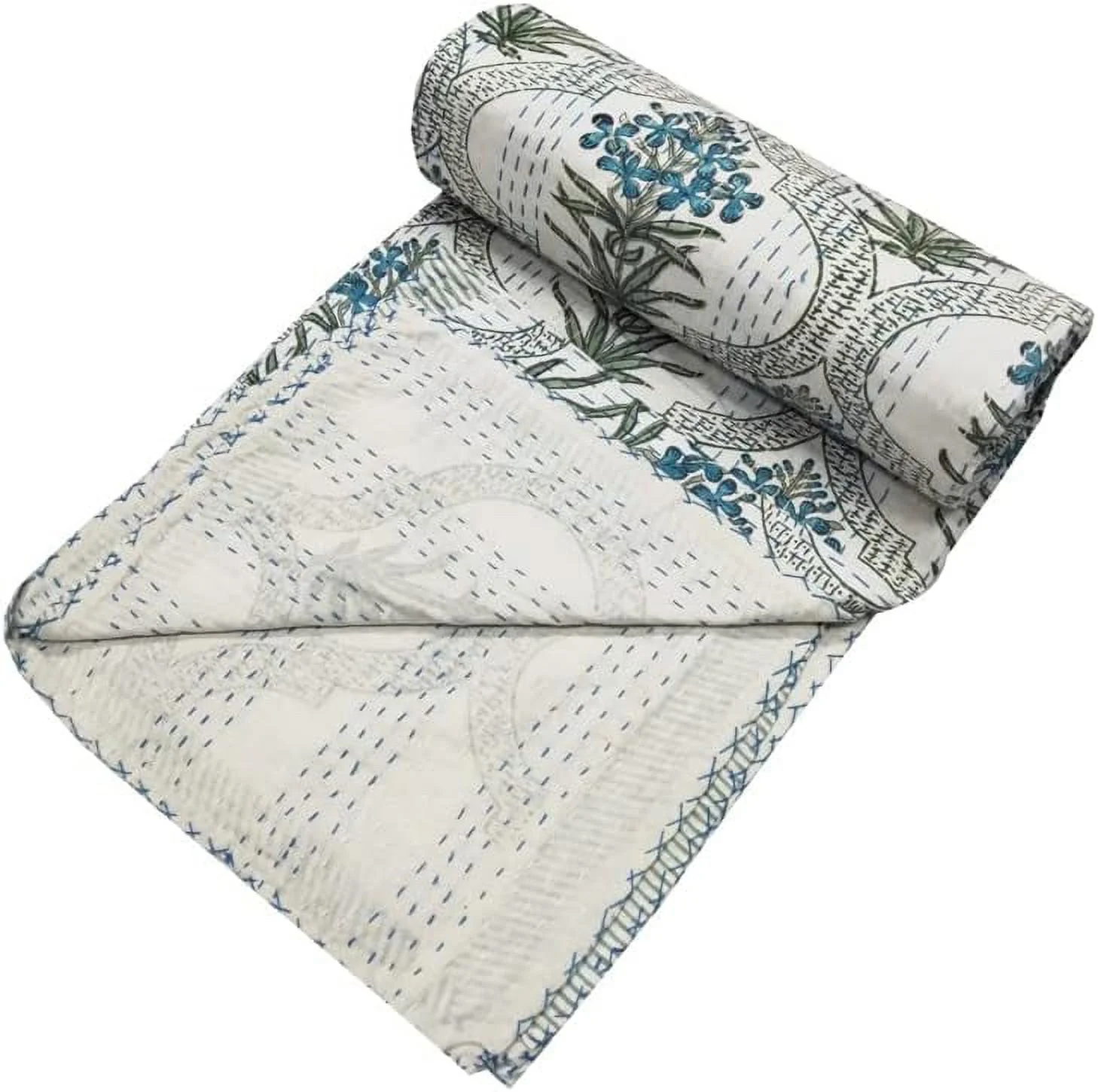Indian Handmade Kantha Quilt Floral Print Bedding Bedspread Quilt Kantha Throw Pure Cotton Twin Size Blanket Bed Cover Gudri