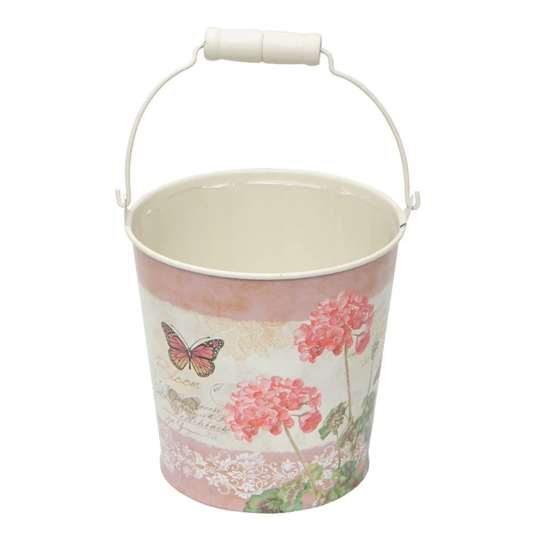 Pink Geranium Print Tin Pail Planter with Handle - For Indoor Spring and Summer Arrangements and Home Decor