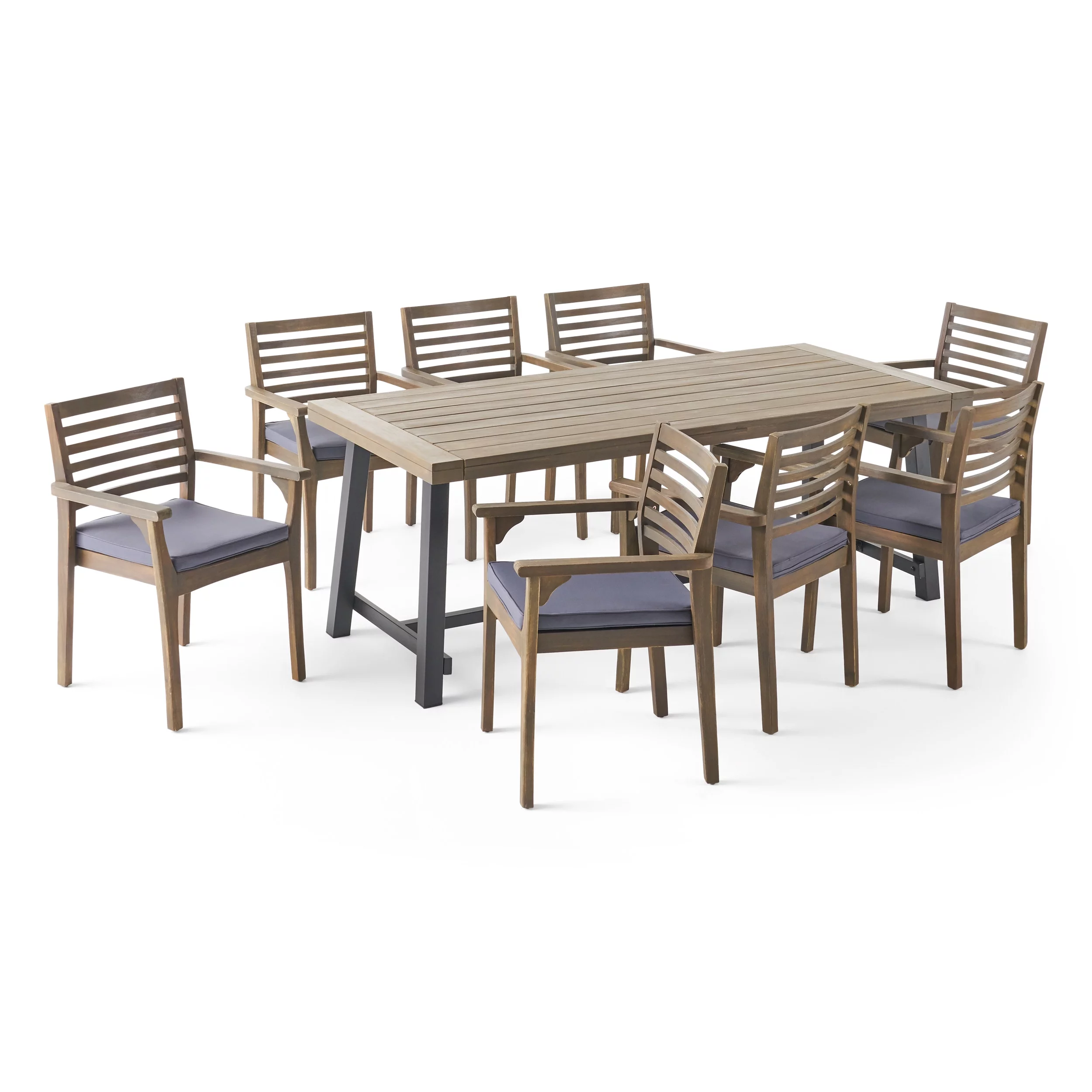 Kase Outdoor Acacia Wood 8 Seater Dining Set, Gray and Dark Gray