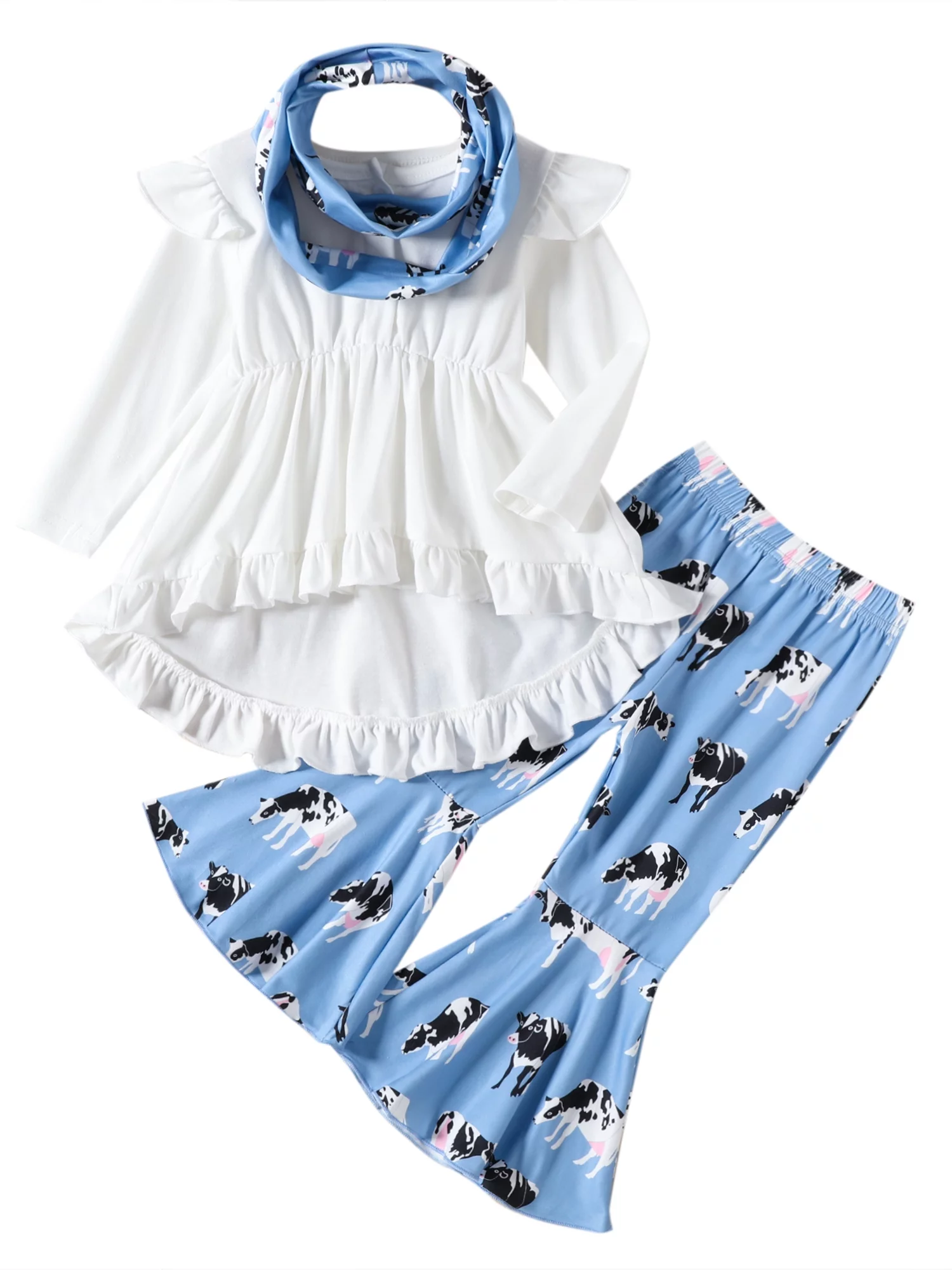 Western Girls Pants Set Ruffles Trim Flying Sleeve Shirt and Cow Print Flared Pants Headband Kids Casual Fall 3Pcs Outfits