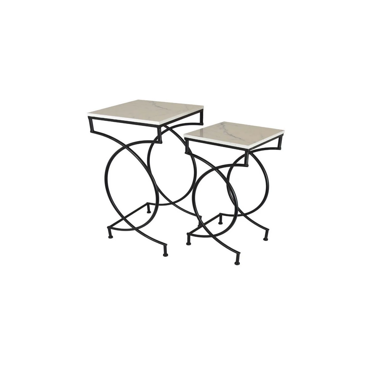 Benjara Set of 2 Plant Stand Tables, Square Marble Top, Geometric, Black Metal