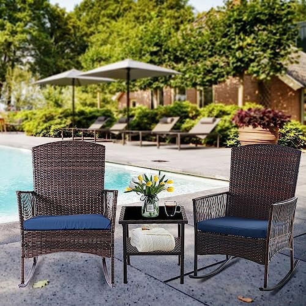 HYHBIBOOM 3 Piece Patio Conversation Set  Outdoor Rocking Chairs   Wicker  Set with Glass Top Coffee Table and Cushions for Porch Garden Backyard Lawn (Grey Rattan  Blue Cushion)