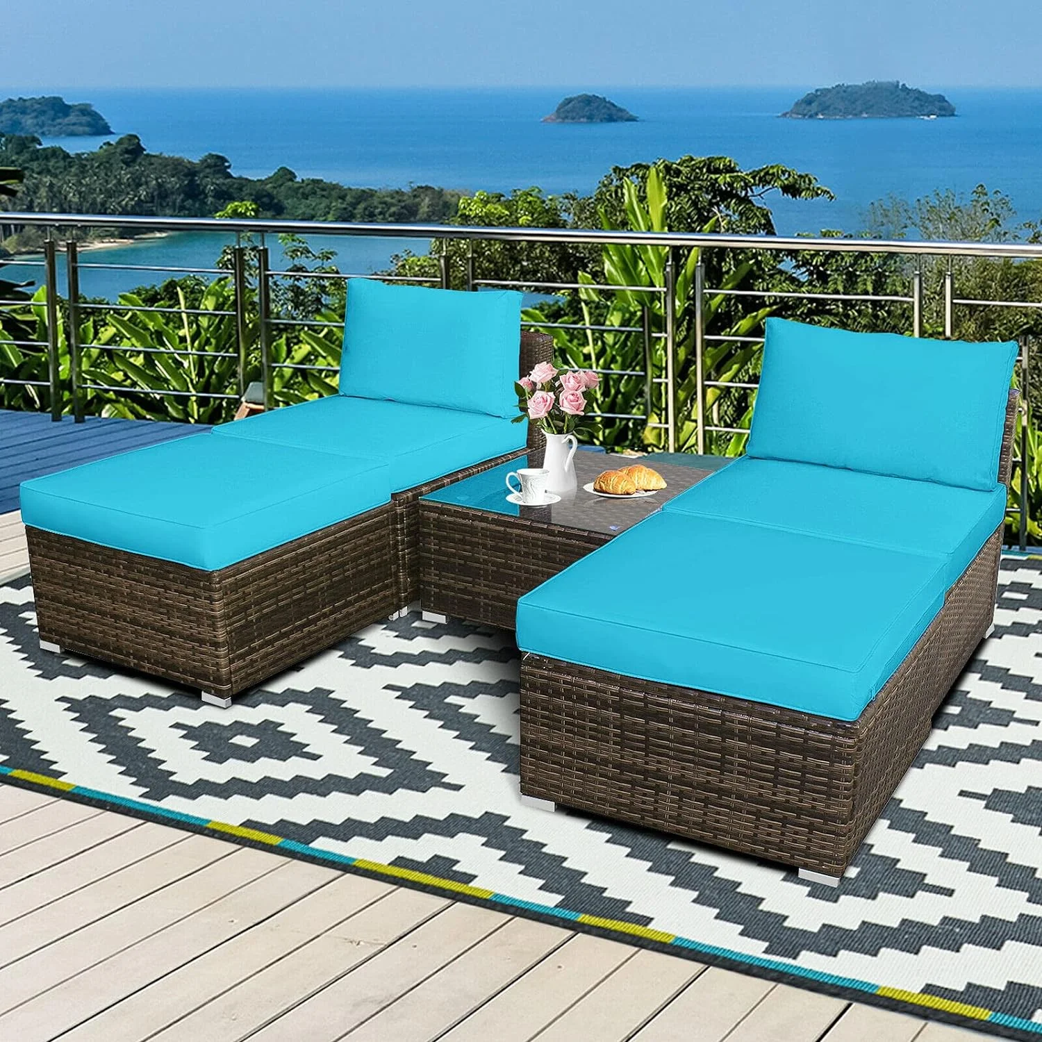Dina 5-Piece Chaise Lounge Set with Ottoman & Coffee Table Outdoor Rattan Wicker Lounge Chair Daybed Conversation Sofa Set with Cushions for Garden Balcony Poolside Backyard