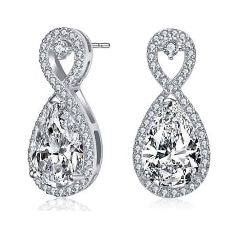 Prong Set Designer Infinite Earrings with Artificial Pear and Round Brilliant Melee Diamonds by Diamond Essence set in Sterling Silver