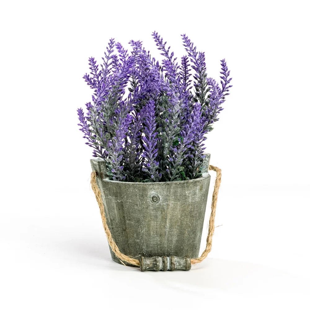 K-Cliffs Vintage Bouquet of Artificial Lavender Flowers,  Potted in a Rustic Gray Wooden