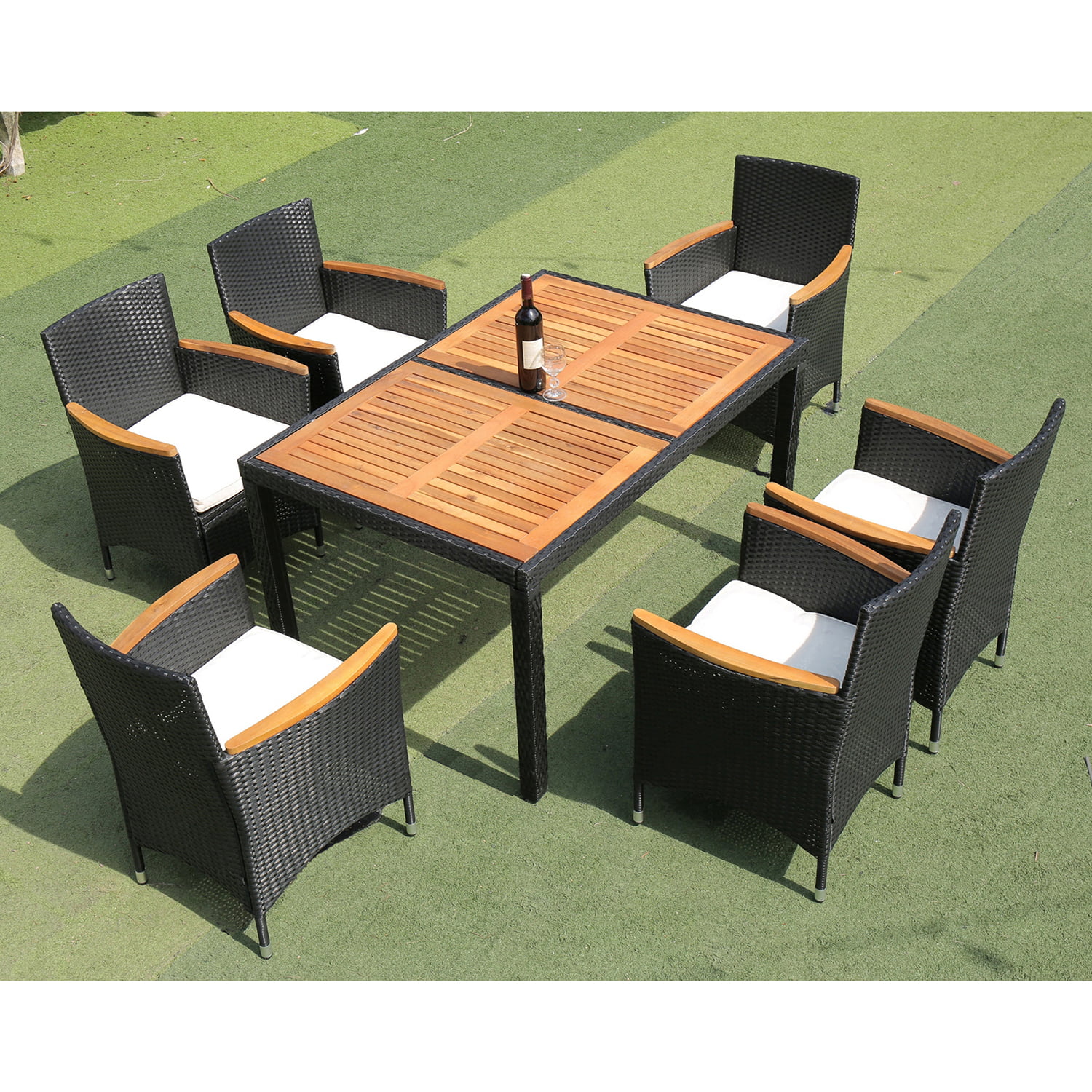 Dcenta 7 PCS Patio Rattan Dining Set Patio Wicker Dining Set wAcacia Wood Wicker Dining Table and Chairs Set