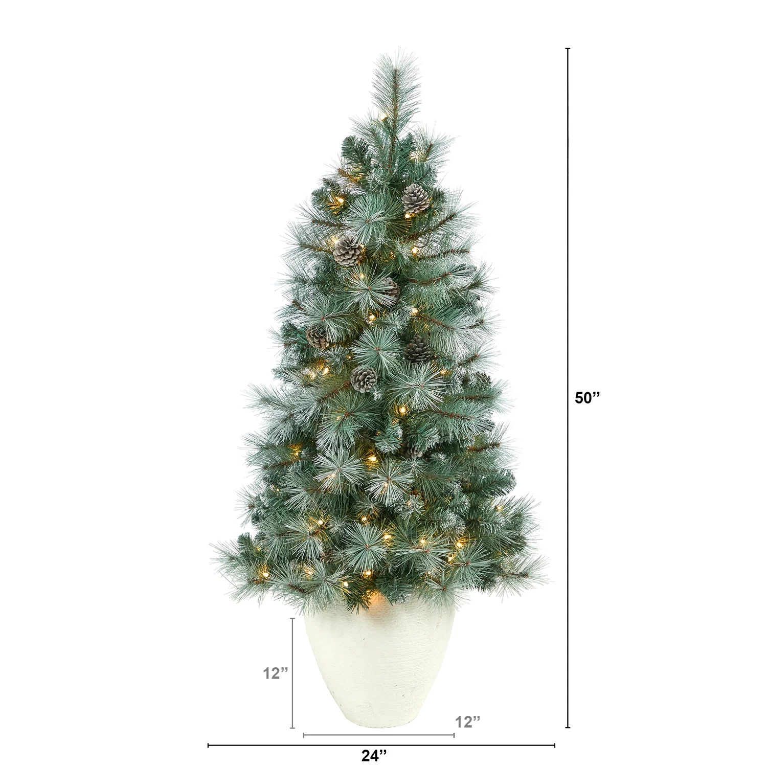 HomeStock Artistic Accomplishment 50In. Frosted Tip British Columbia Mountain Pine Artificial Christmas Tree With 100 Clear Lights, Pine Cones And 228 Bendable Branches In White Planter