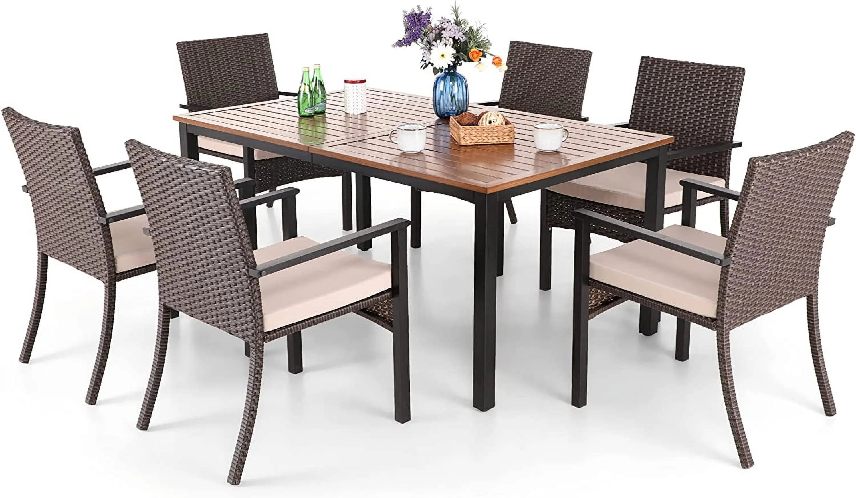 Patio Furniture Set for 6  7 Piece Outdoor Dining Set 6 Rattan Chairs with Cushions and 1 Hand Painting Wood-Like Table for Backyard Garden Poolside